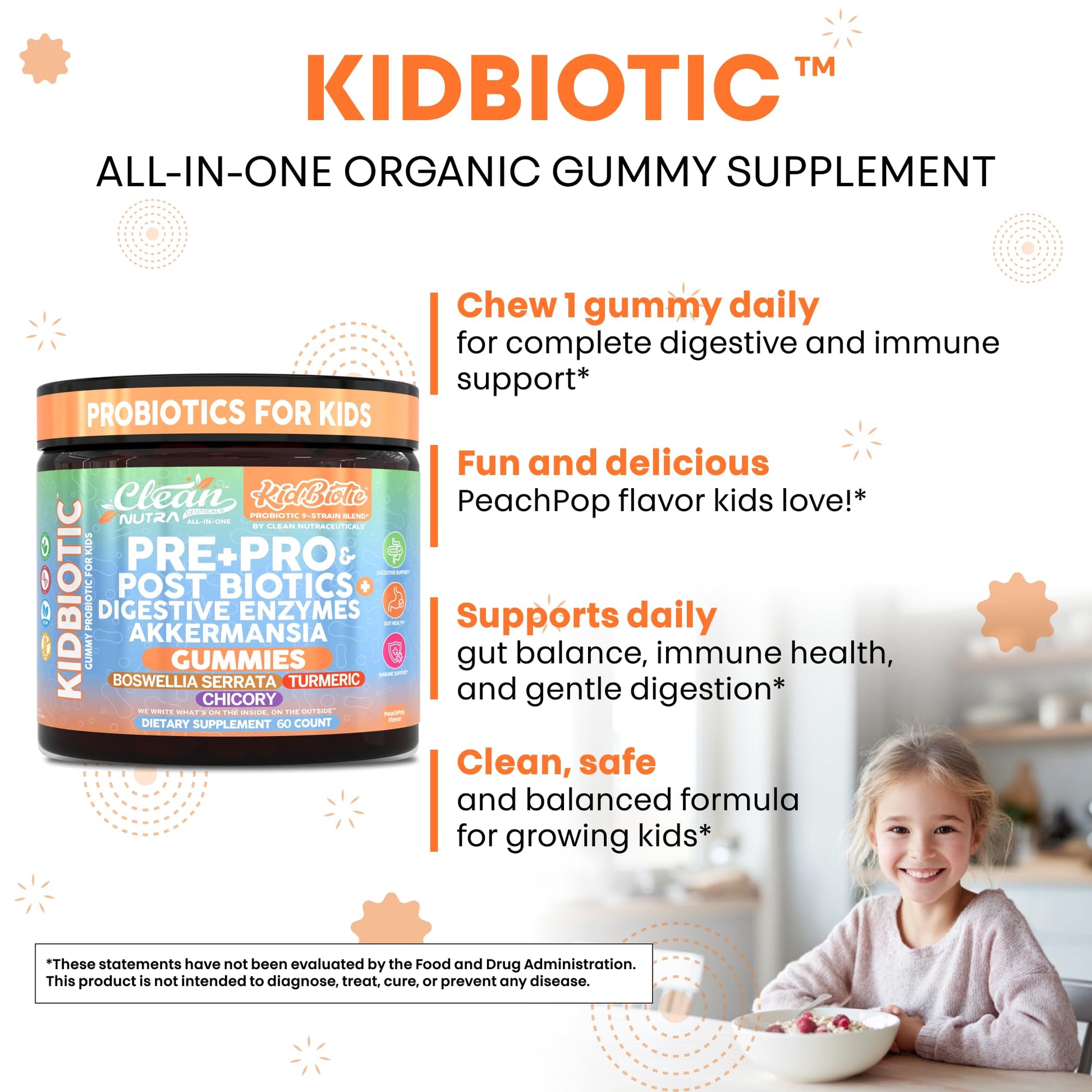 Clean Nutra Kids Probiotics Gummies with Prebiotics, Postbiotics, Digestive Enzymes, Akkermansia, Boswellia Serrata, Turmeric, Chicory – 60 Count – Plant-Based Supplement for Kids – PeachPop Flavor - OzHealthStandard