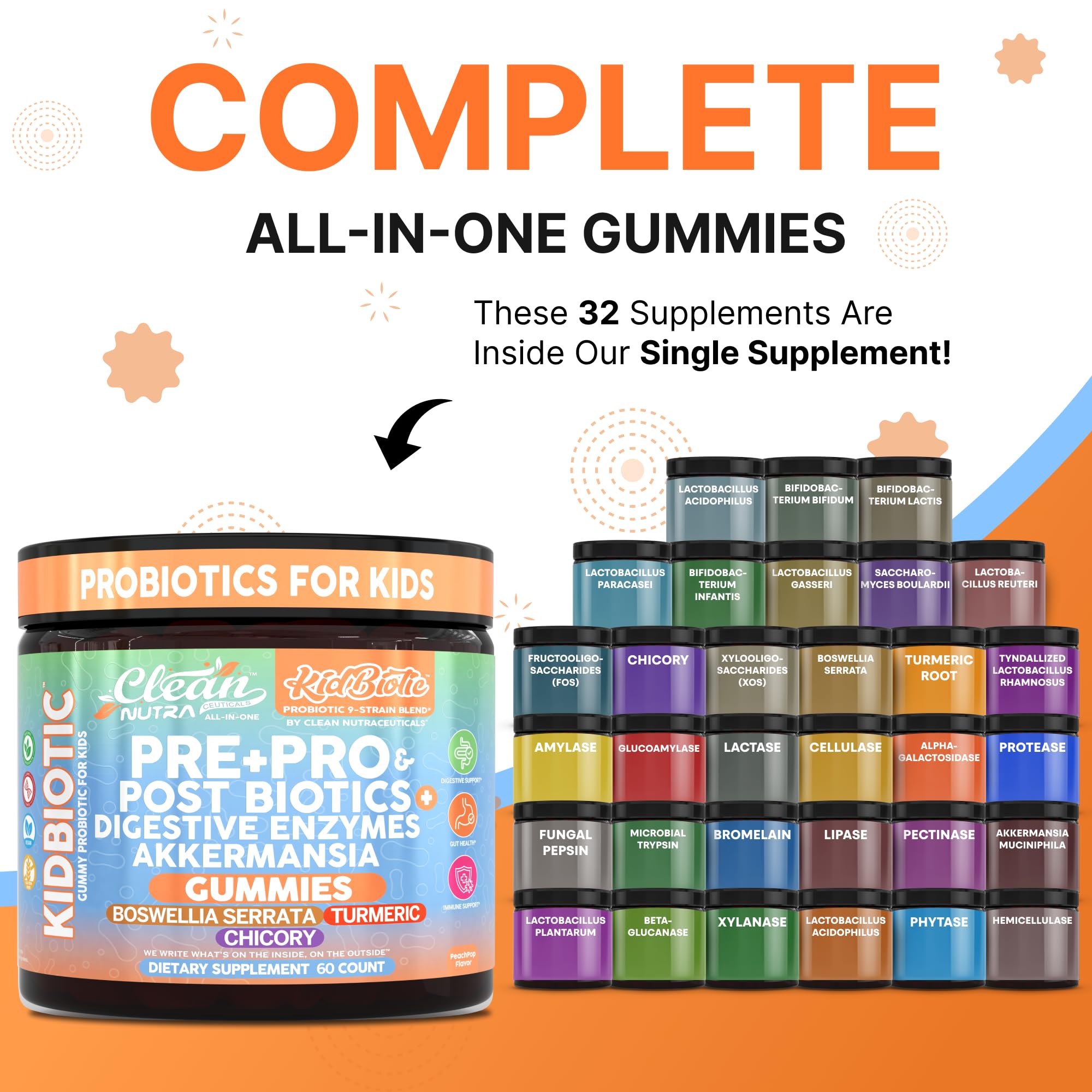 Clean Nutra Kids Probiotics Gummies with Prebiotics, Postbiotics, Digestive Enzymes, Akkermansia, Boswellia Serrata, Turmeric, Chicory – 60 Count – Plant-Based Supplement for Kids – PeachPop Flavor - OzHealthStandard