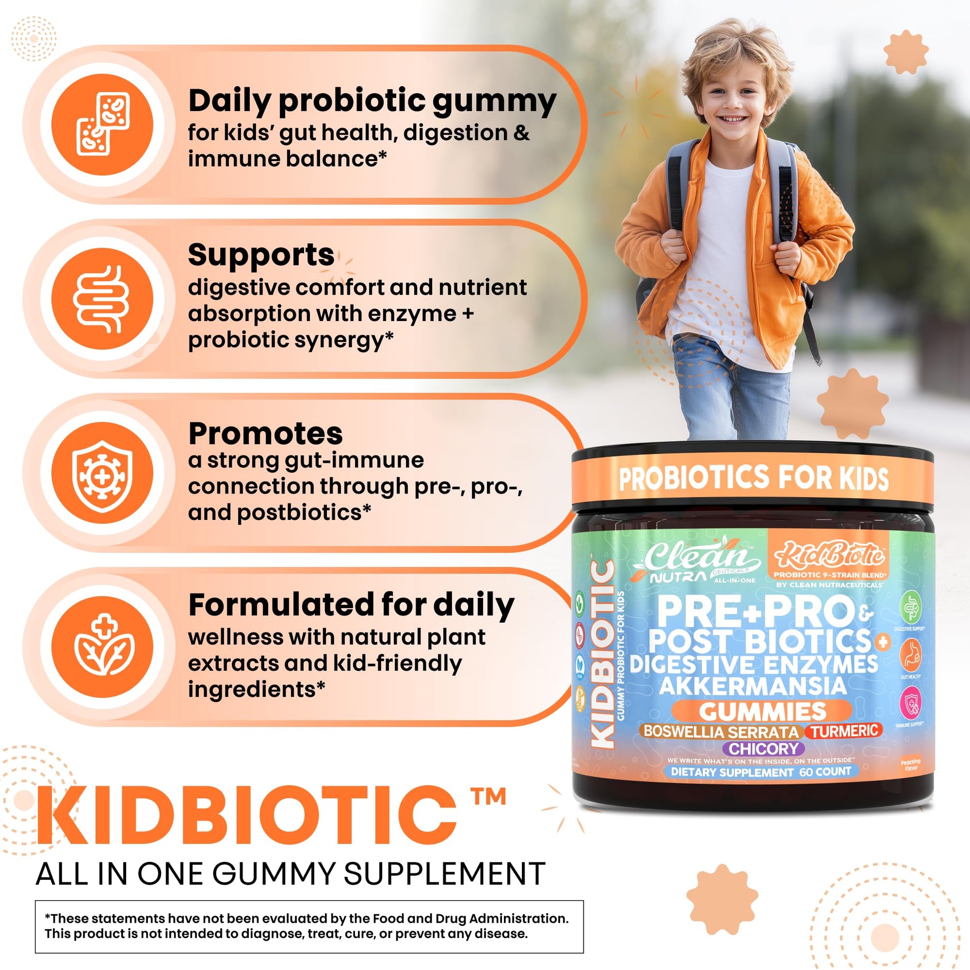Clean Nutra Kids Probiotics Gummies with Prebiotics, Postbiotics, Digestive Enzymes, Akkermansia, Boswellia Serrata, Turmeric, Chicory – 60 Count – Plant-Based Supplement for Kids – PeachPop Flavor - OzHealthStandard