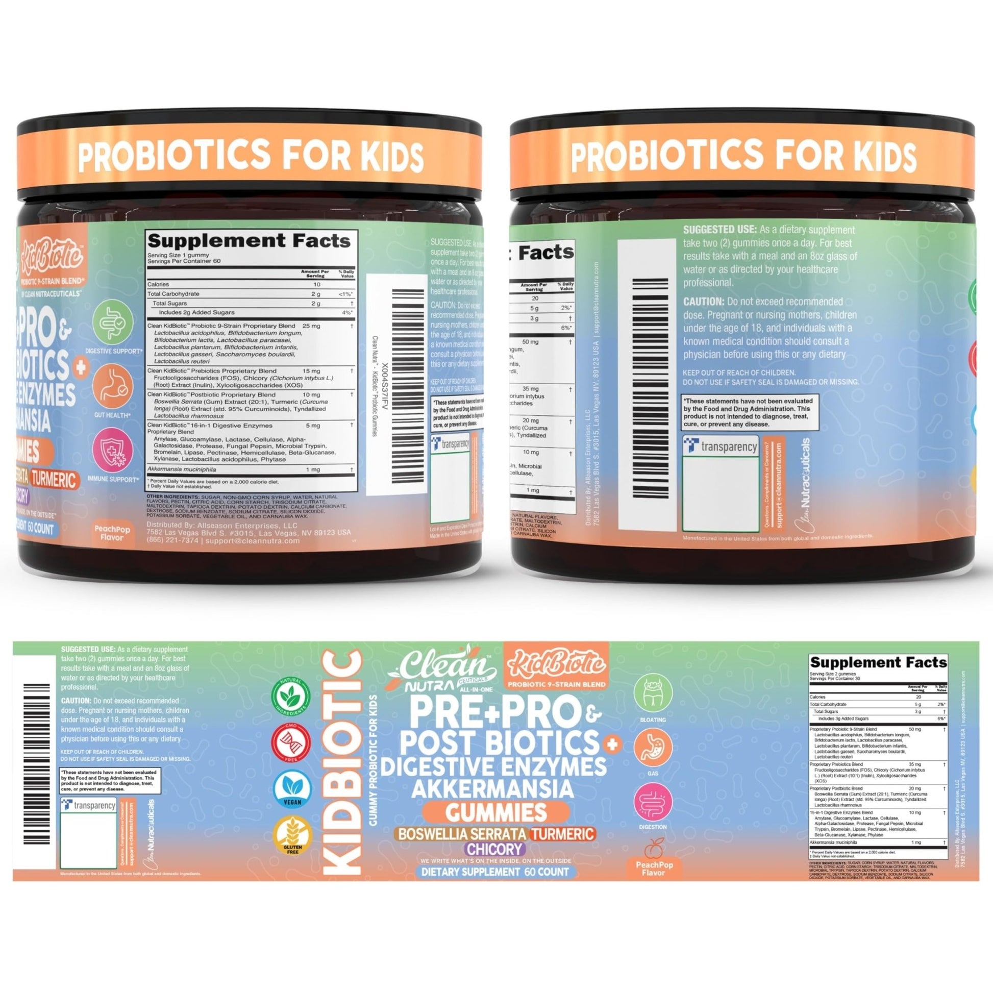 Clean Nutra Kids Probiotics Gummies with Prebiotics, Postbiotics, Digestive Enzymes, Akkermansia, Boswellia Serrata, Turmeric, Chicory – 60 Count – Plant-Based Supplement for Kids – PeachPop Flavor - OzHealthStandard