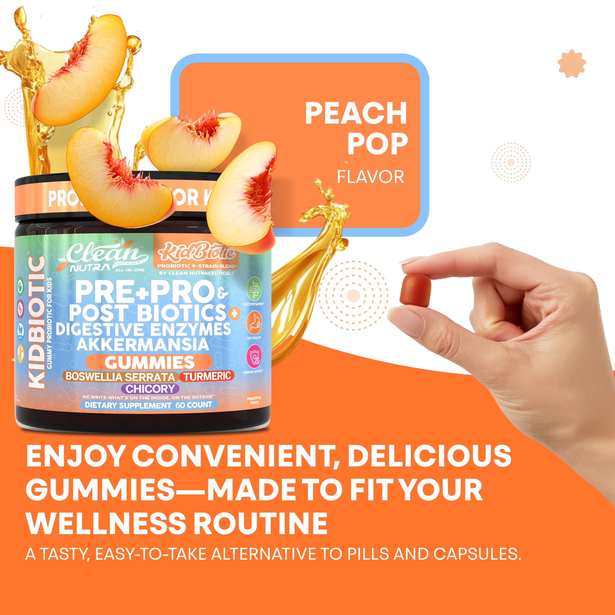 Clean Nutra Kids Probiotics Gummies with Prebiotics, Postbiotics, Digestive Enzymes, Akkermansia, Boswellia Serrata, Turmeric, Chicory – 60 Count – Plant-Based Supplement for Kids – PeachPop Flavor - OzHealthStandard