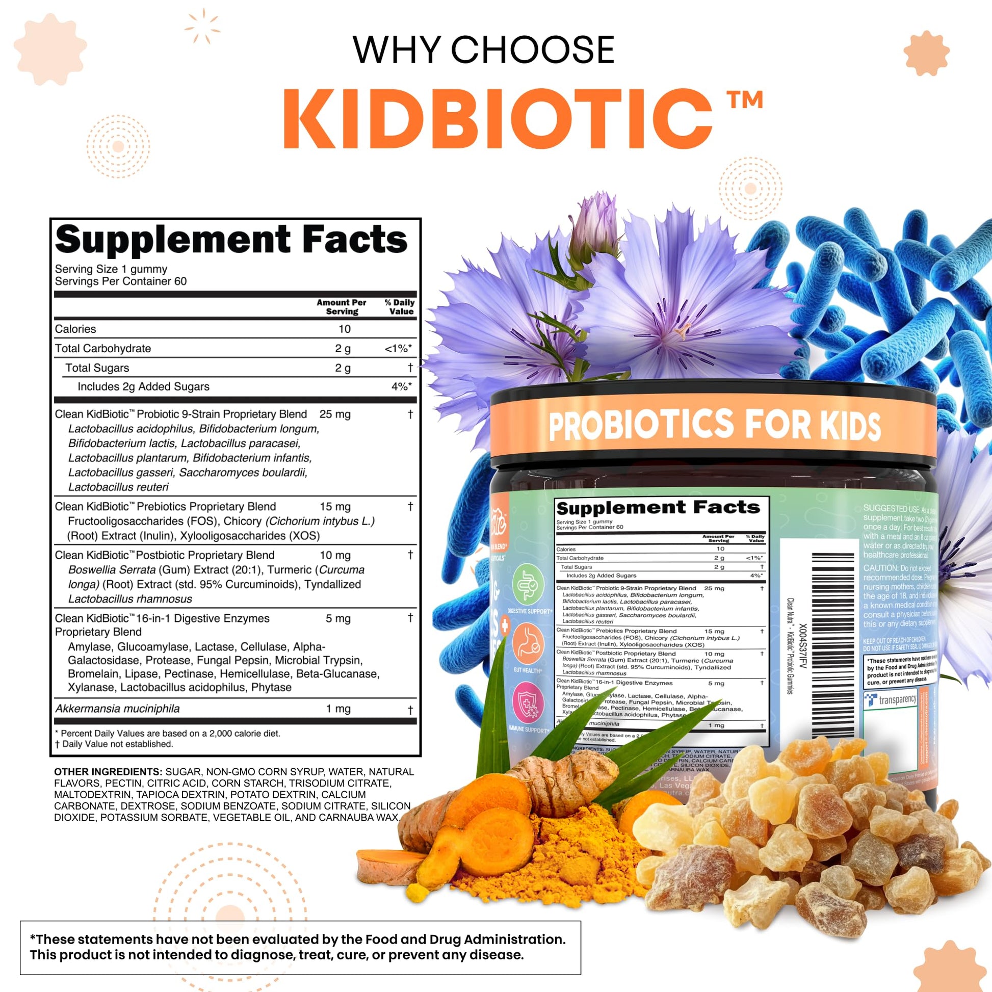 Clean Nutra Kids Probiotics Gummies with Prebiotics, Postbiotics, Digestive Enzymes, Akkermansia, Boswellia Serrata, Turmeric, Chicory – 60 Count – Plant-Based Supplement for Kids – PeachPop Flavor - OzHealthStandard