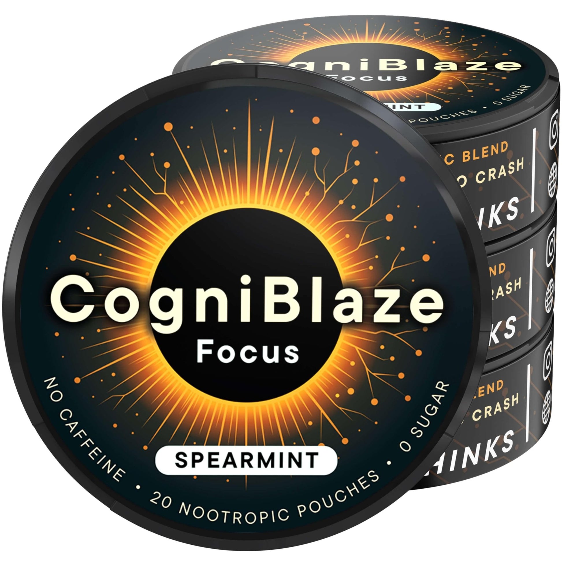 CogniBlaze Nootropic Pouches Caffeine Free (Spearmint) | 80 Focus Pouches for Clarity | 4 Pack (20 Per Can) | Mental Energy Pouches | 25mcg Huperzine A per Nootropic Pouch | Zero Calories - OzHealthStandard