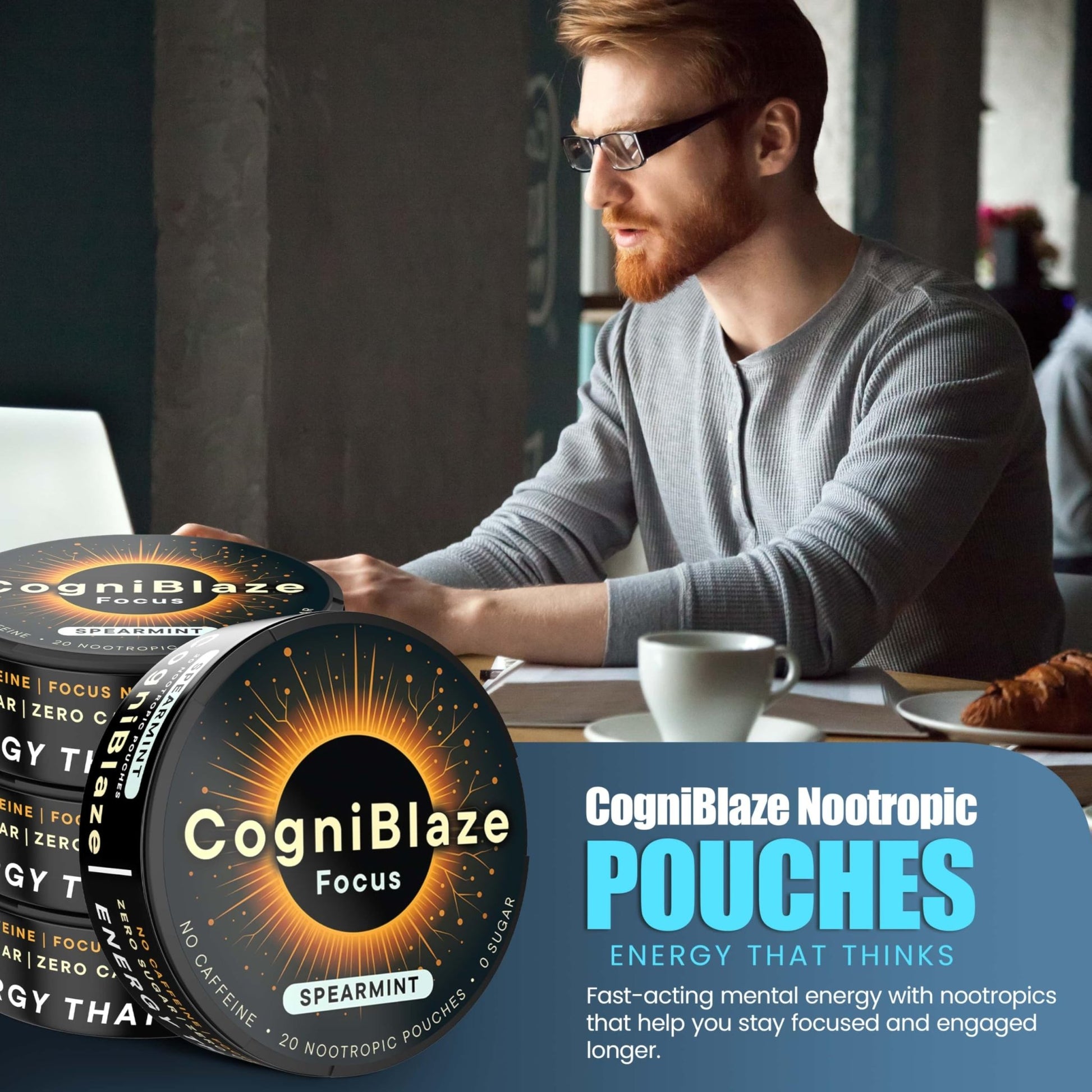 CogniBlaze Nootropic Pouches Caffeine Free (Spearmint) | 80 Focus Pouches for Clarity | 4 Pack (20 Per Can) | Mental Energy Pouches | 25mcg Huperzine A per Nootropic Pouch | Zero Calories - OzHealthStandard
