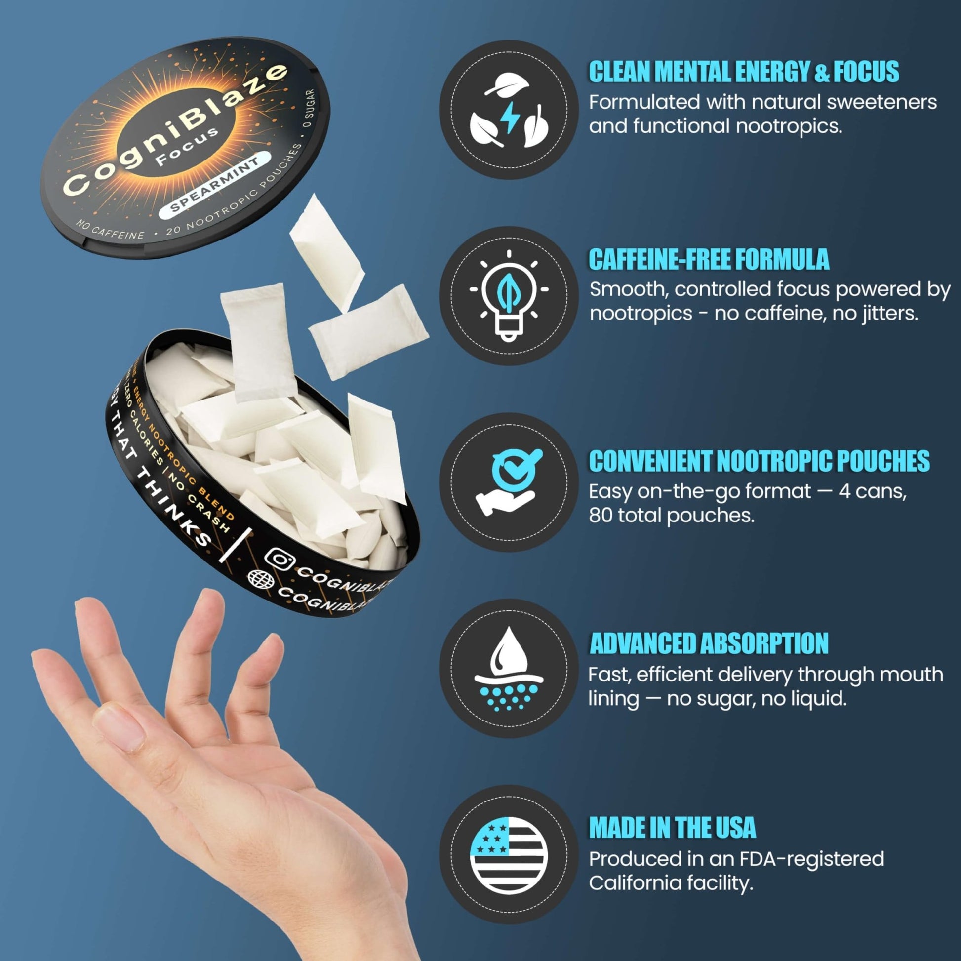 CogniBlaze Nootropic Pouches Caffeine Free (Spearmint) | 80 Focus Pouches for Clarity | 4 Pack (20 Per Can) | Mental Energy Pouches | 25mcg Huperzine A per Nootropic Pouch | Zero Calories - OzHealthStandard
