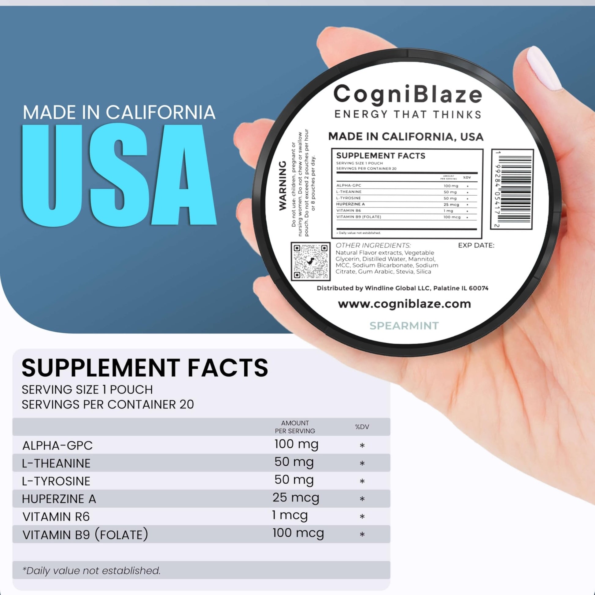 CogniBlaze Nootropic Pouches Caffeine Free (Spearmint) | 80 Focus Pouches for Clarity | 4 Pack (20 Per Can) | Mental Energy Pouches | 25mcg Huperzine A per Nootropic Pouch | Zero Calories - OzHealthStandard