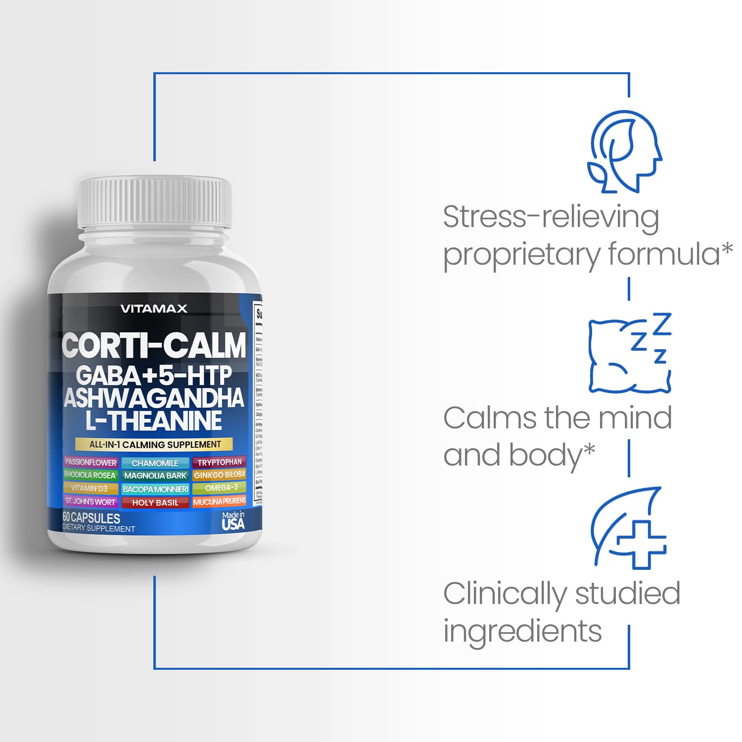 Corti-Calm Cortisol Supplement, L Theanine, Ashwagandha, Vitamin D 3, GABA for Relaxation, Fatigue & Focus with Ginkgo Biloba, Bacopa Monnieri, 5-HTP – Non-GMO, Made in USA – 60ct - OzHealthStandard