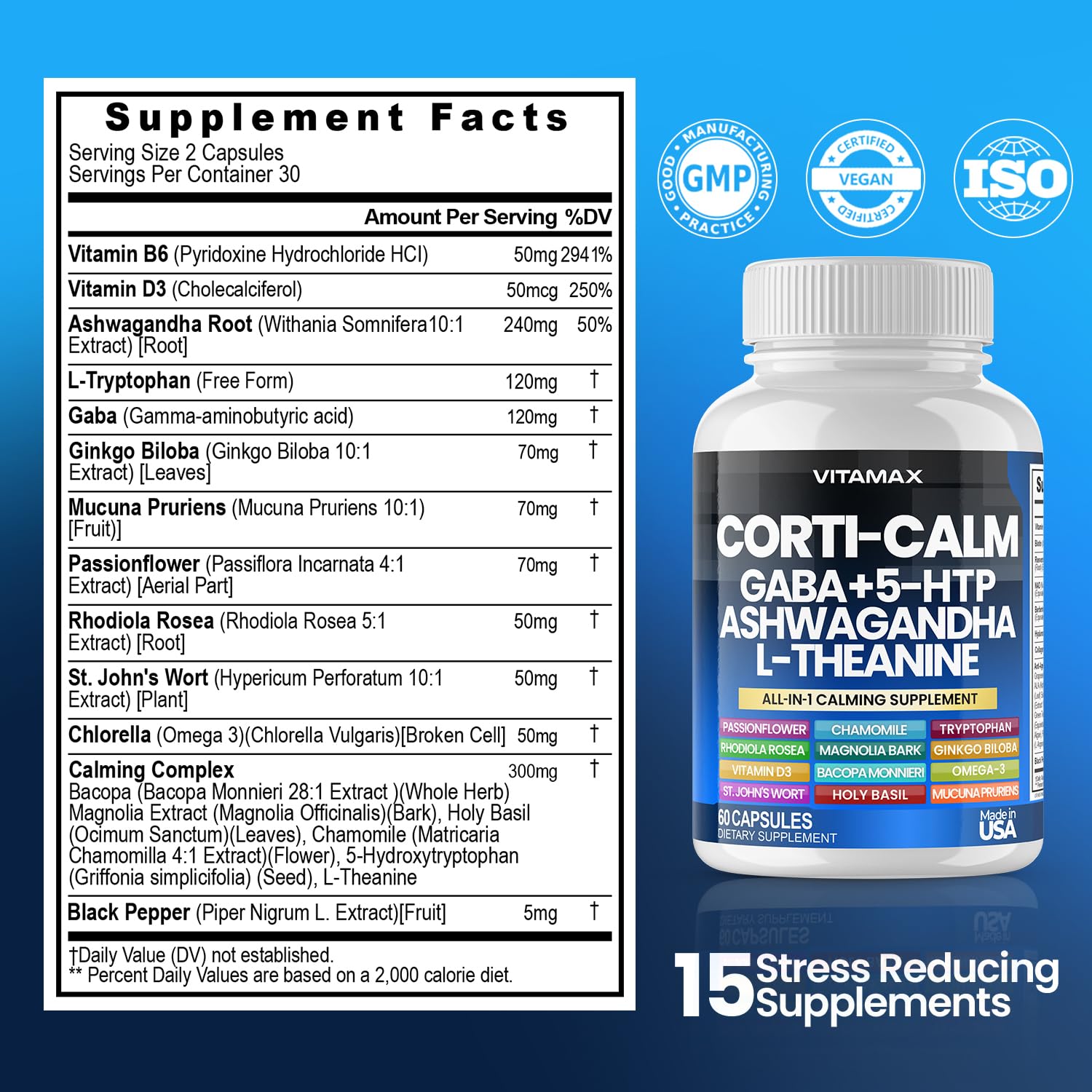 Corti-Calm Cortisol Supplement, L Theanine, Ashwagandha, Vitamin D 3, GABA for Relaxation, Fatigue & Focus with Ginkgo Biloba, Bacopa Monnieri, 5-HTP – Non-GMO, Made in USA – 60ct - OzHealthStandard