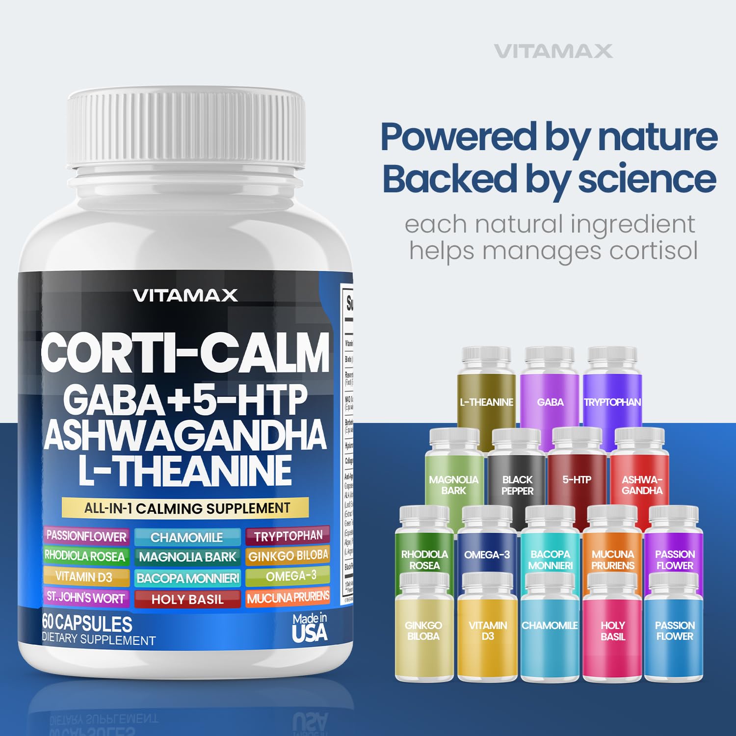 Corti-Calm Cortisol Supplement, L Theanine, Ashwagandha, Vitamin D 3, GABA for Relaxation, Fatigue & Focus with Ginkgo Biloba, Bacopa Monnieri, 5-HTP – Non-GMO, Made in USA – 60ct - OzHealthStandard