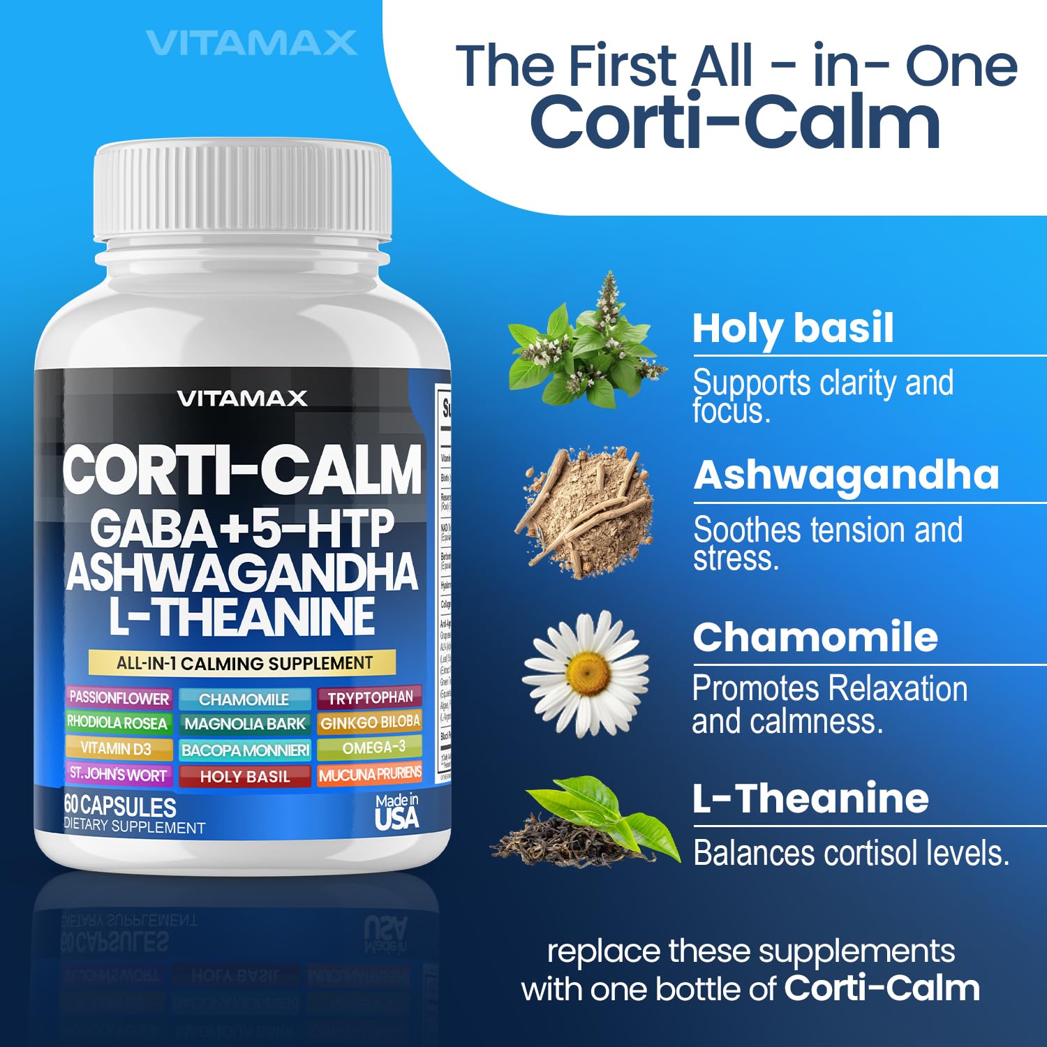 Corti-Calm Cortisol Supplement, L Theanine, Ashwagandha, Vitamin D 3, GABA for Relaxation, Fatigue & Focus with Ginkgo Biloba, Bacopa Monnieri, 5-HTP – Non-GMO, Made in USA – 60ct - OzHealthStandard