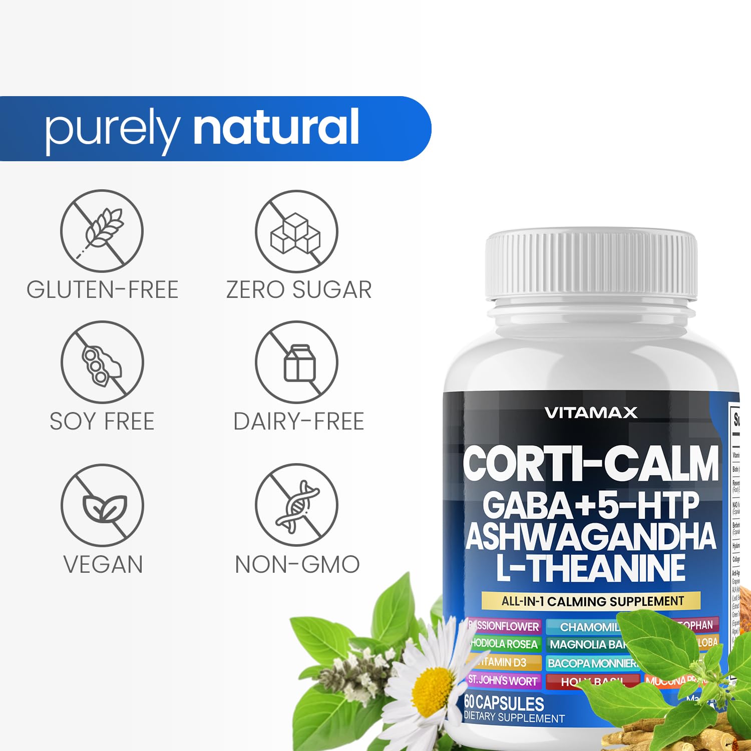 Corti-Calm Cortisol Supplement, L Theanine, Ashwagandha, Vitamin D 3, GABA for Relaxation, Fatigue & Focus with Ginkgo Biloba, Bacopa Monnieri, 5-HTP – Non-GMO, Made in USA – 60ct - OzHealthStandard