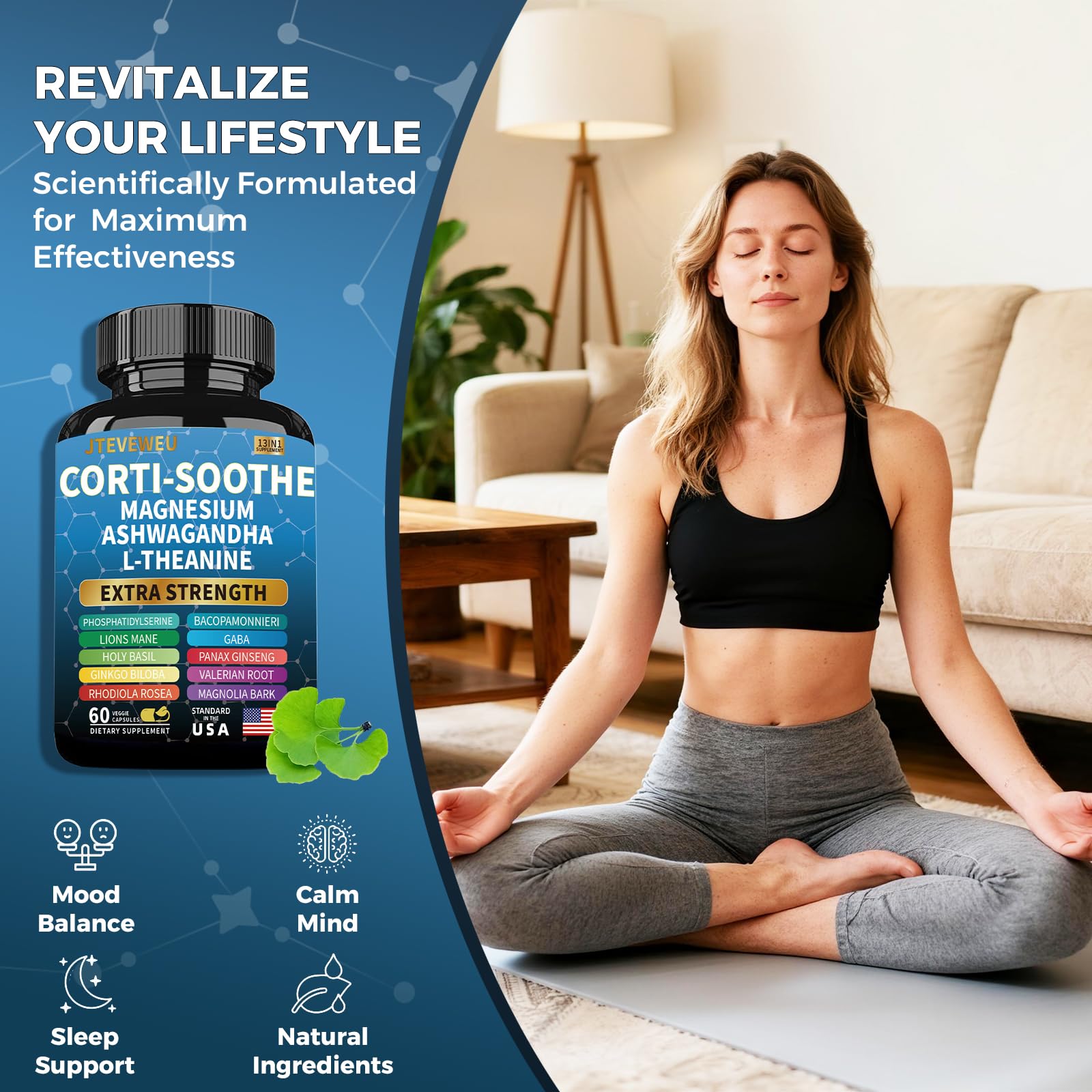 Corti-Soothe Cortisol Supplement for Women and Men with Magnesium Glycinate 200mg, L-Theanine 150mg, Phosphatidylserine 50mg & Manager Holy Basil Ginkgo Biloba Bacopa Monnieri Valerian 60 Capsules - OzHealthStandard