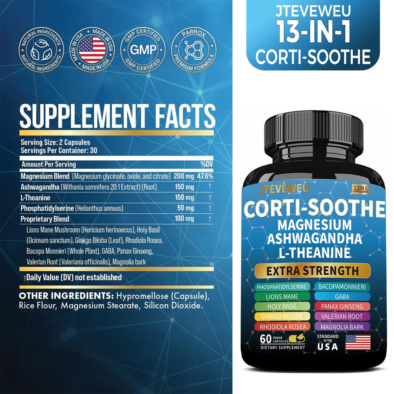 Corti-Soothe Cortisol Supplement for Women and Men with Magnesium Glycinate 200mg, L-Theanine 150mg, Phosphatidylserine 50mg & Manager Holy Basil Ginkgo Biloba Bacopa Monnieri Valerian 60 Capsules - OzHealthStandard