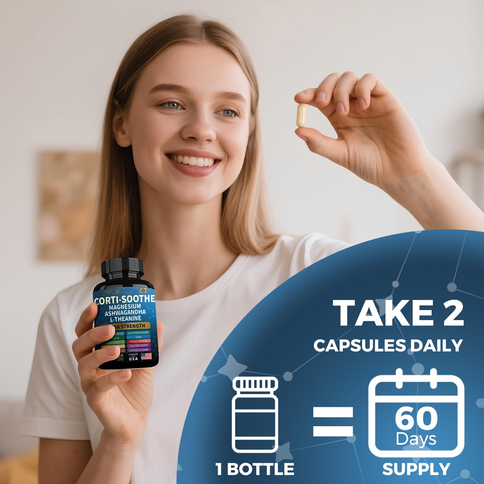 Corti-Soothe Cortisol Supplement for Women and Men with Magnesium Glycinate 200mg, L-Theanine 150mg, Phosphatidylserine 50mg & Manager Holy Basil Ginkgo Biloba Bacopa Monnieri Valerian 60 Capsules - OzHealthStandard