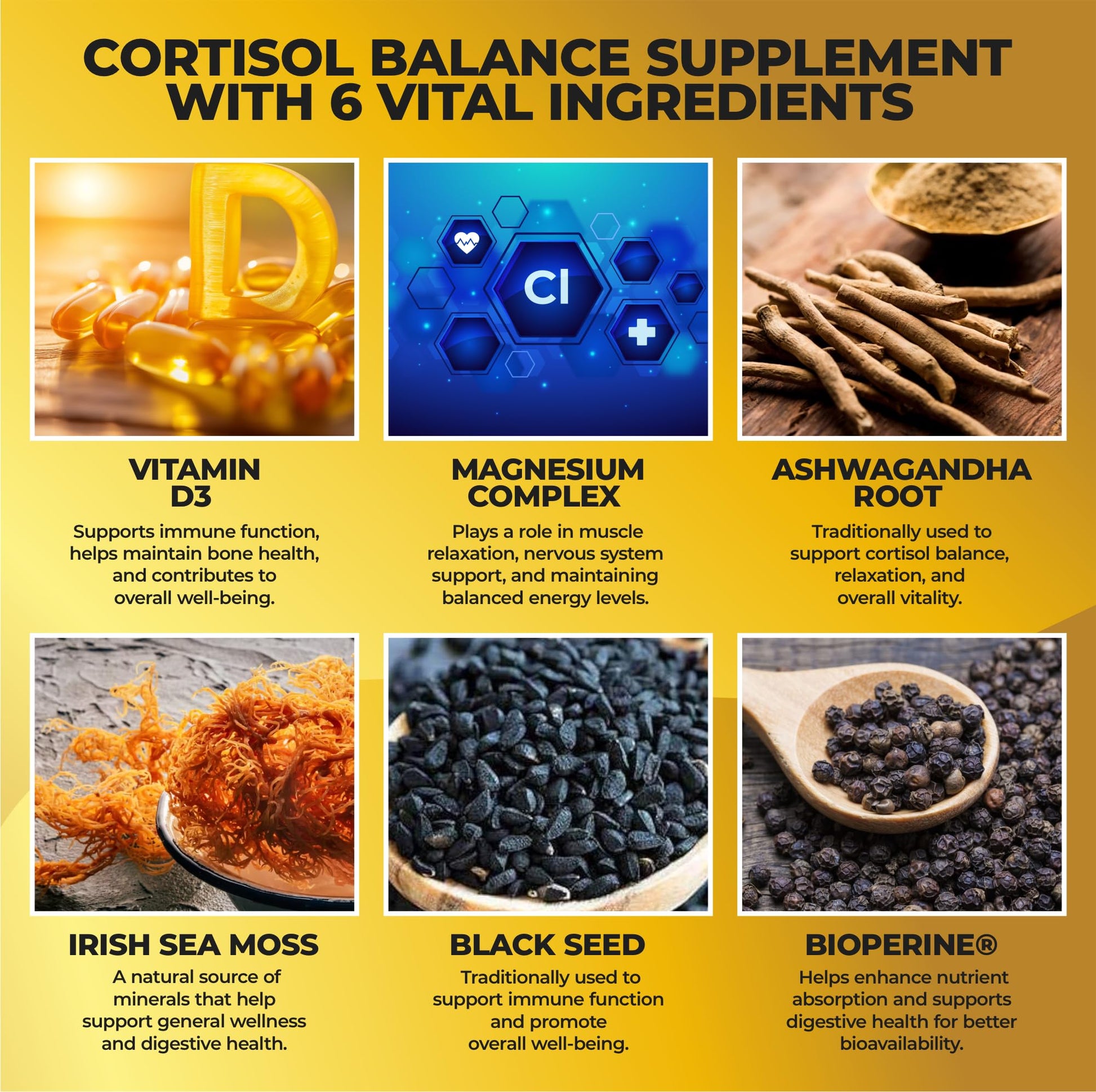 Cortisol Balance and Immune Support Supplement with Ashwagandha, Irish Sea Moss, Black Seed, Vitamin D and Magnesium Complex | Mood Enhancer | Immunity Booster | Stress Relief Pills | 90 Capsules - OzHealthStandard