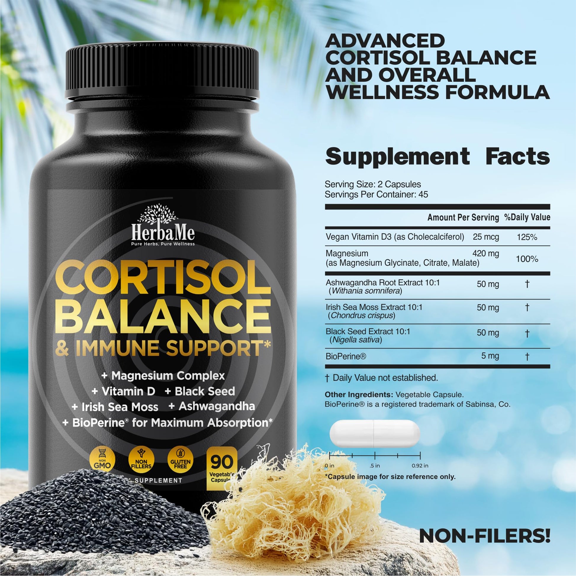 Cortisol Balance and Immune Support Supplement with Ashwagandha, Irish Sea Moss, Black Seed, Vitamin D and Magnesium Complex | Mood Enhancer | Immunity Booster | Stress Relief Pills | 90 Capsules - OzHealthStandard