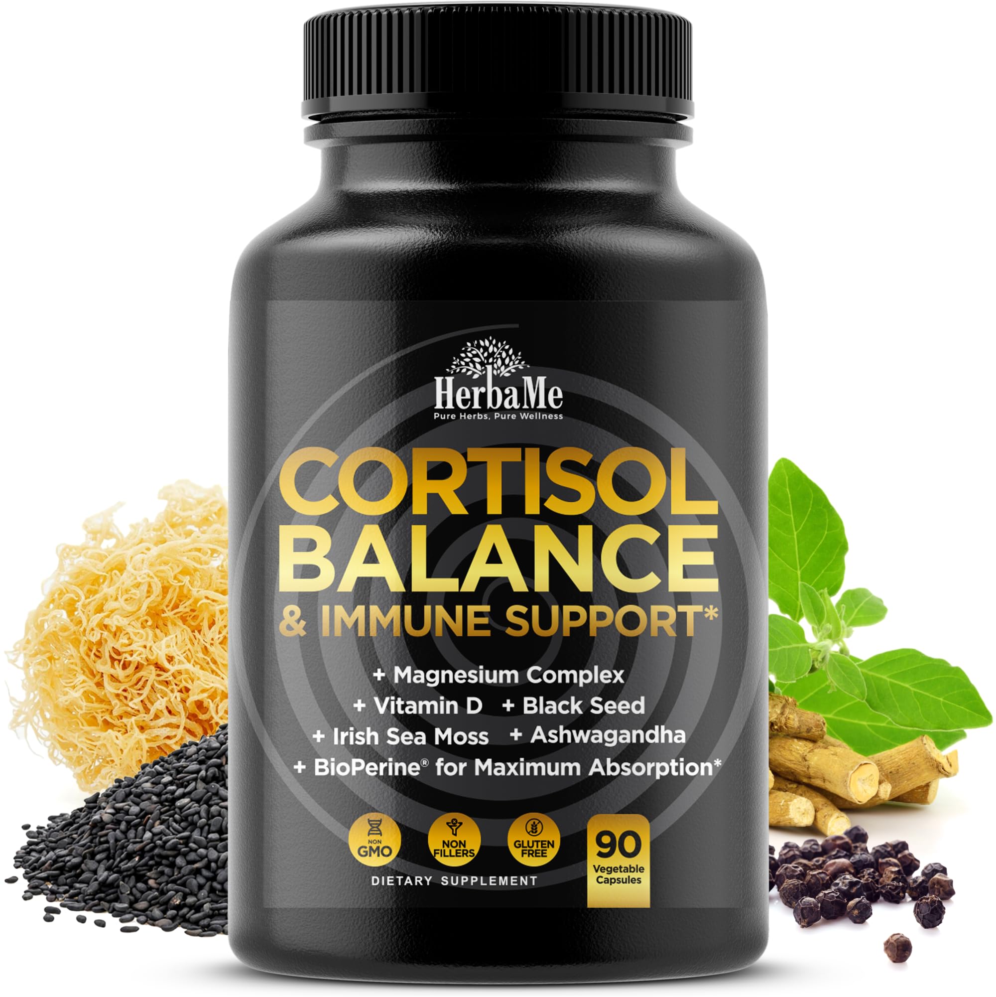 Cortisol Balance and Immune Support Supplement with Ashwagandha, Irish Sea Moss, Black Seed, Vitamin D and Magnesium Complex | Mood Enhancer | Immunity Booster | Stress Relief Pills | 90 Capsules - OzHealthStandard