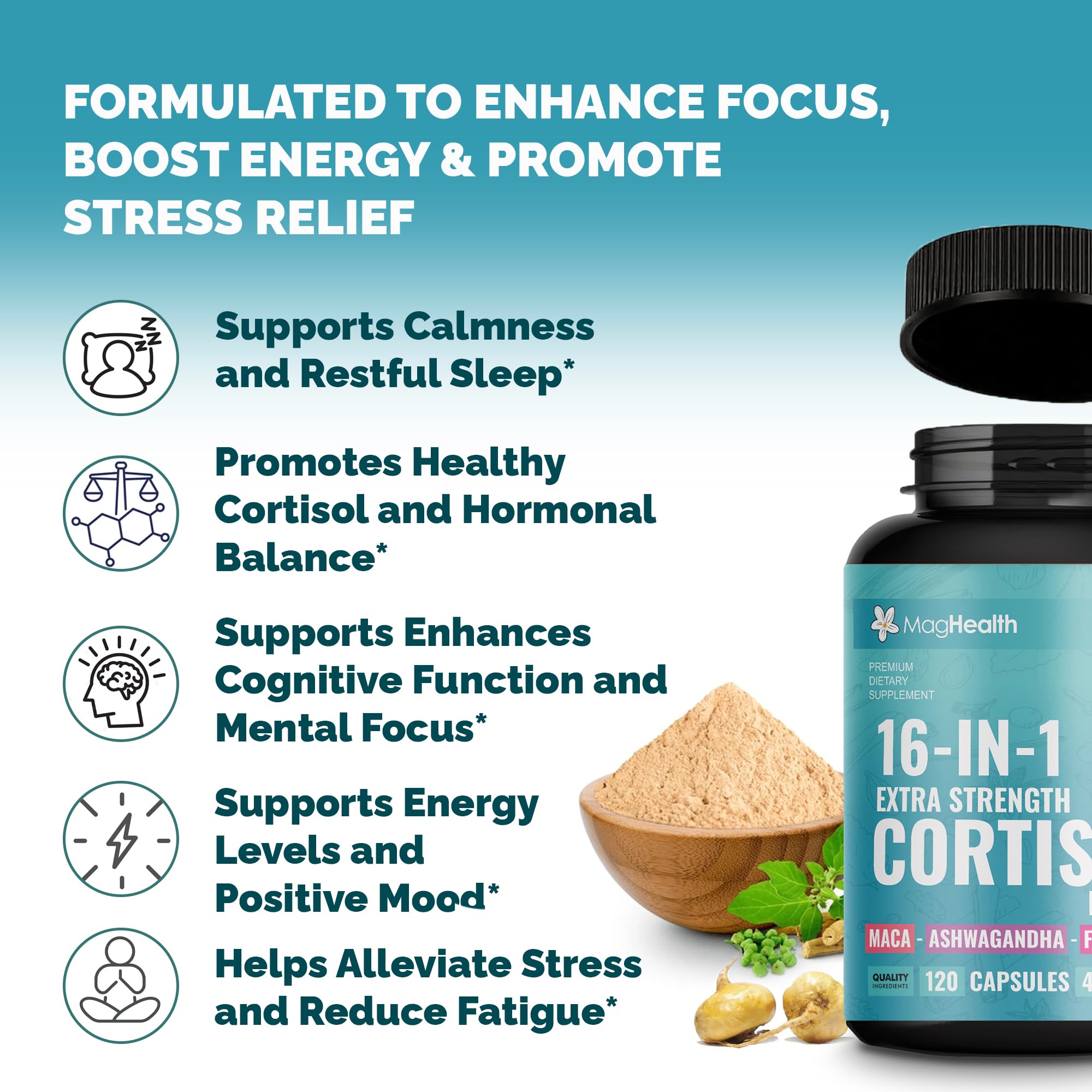 Cortisol Complex 16-in-1 Supplement for Women & Men | Stress Support Manager with Organic Ashwagandha, Maca Root, Rhodiola Rosea & Shilajit | Adaptogen Blend for Balance & Energy | 120 Capsules - OzHealthStandard
