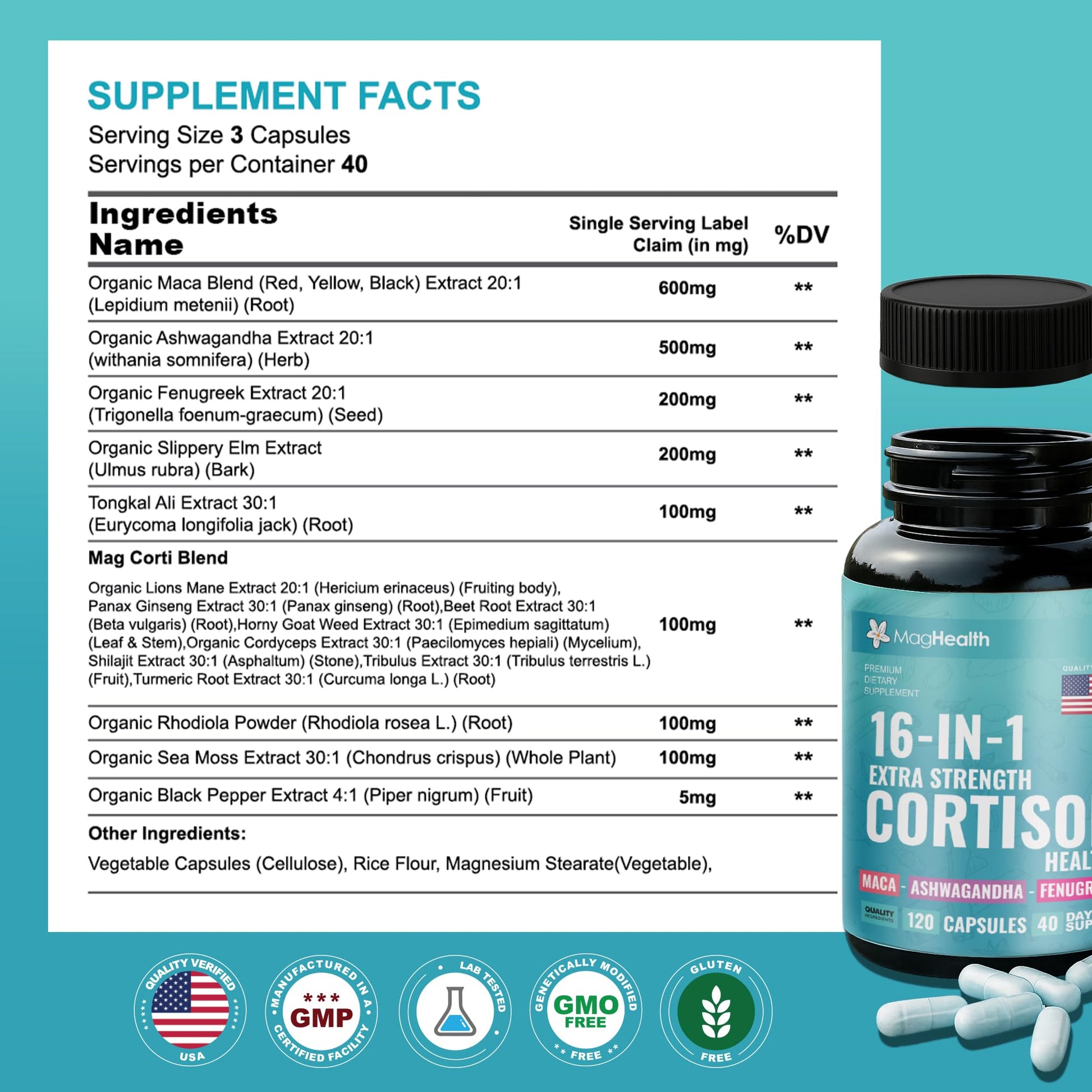 Cortisol Complex 16-in-1 Supplement for Women & Men | Stress Support Manager with Organic Ashwagandha, Maca Root, Rhodiola Rosea & Shilajit | Adaptogen Blend for Balance & Energy | 120 Capsules - OzHealthStandard