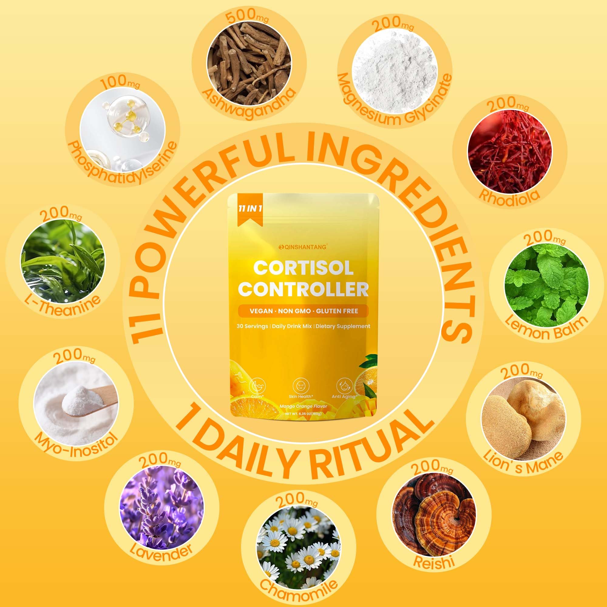 Cortisol Drink Powder, Cortisol Supplements for Women | Magnesium Glycinate, Ashwagandha, L-Theanine & Lion’s Mane | Relaxation, Focus & Stress Balance | Mango Orange Flavor | 30 Servings - OzHealthStandard