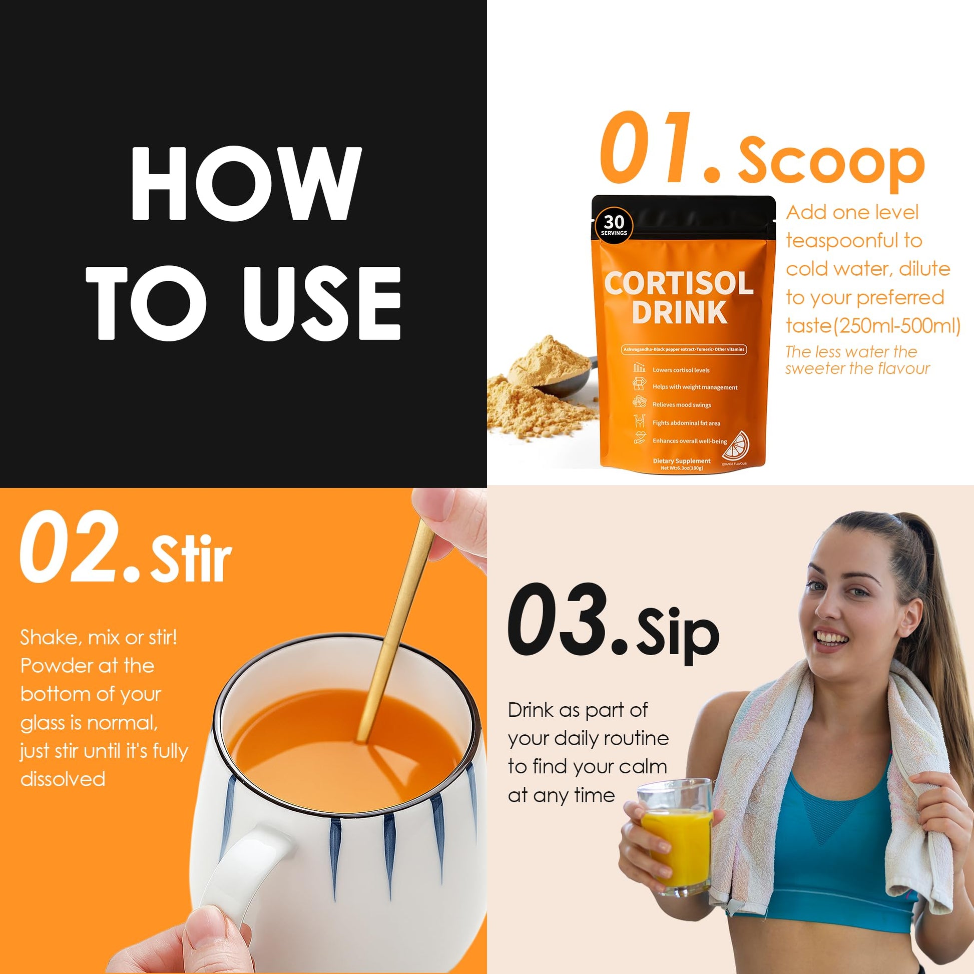 Cortisol Drink Powder - Natural Cortisol Supplements for Ashwagandha, L-Theanine, Turmeric Root, Black Pepper Extract, Relaxation, Focus, Mental Clarity - OzHealthStandard
