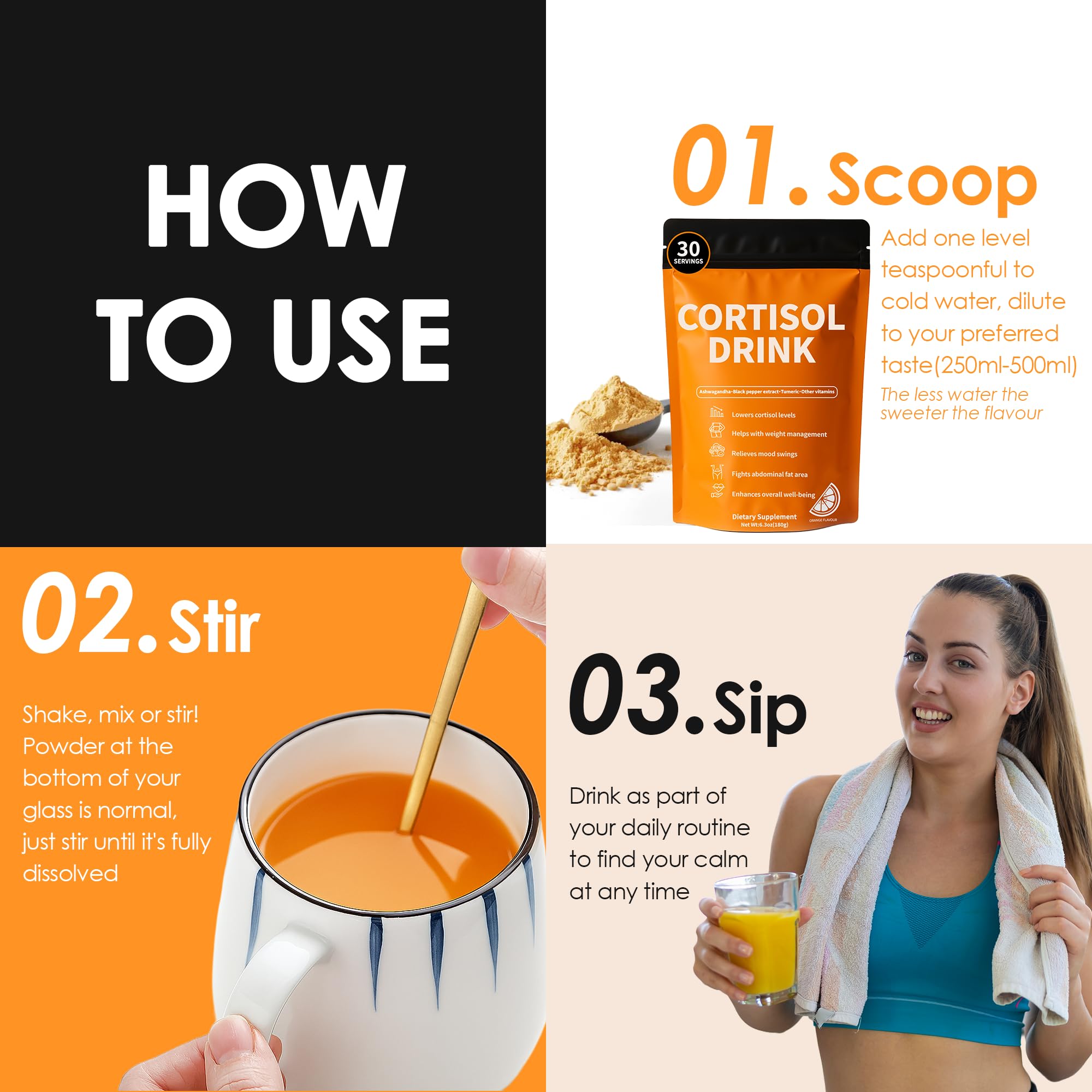 Cortisol Drink Powder - Natural Cortisol Supplements for Ashwagandha, L-Theanine, Turmeric Root, Black Pepper Extract, Relaxation, Focus, Mental Clarity - OzHealthStandard