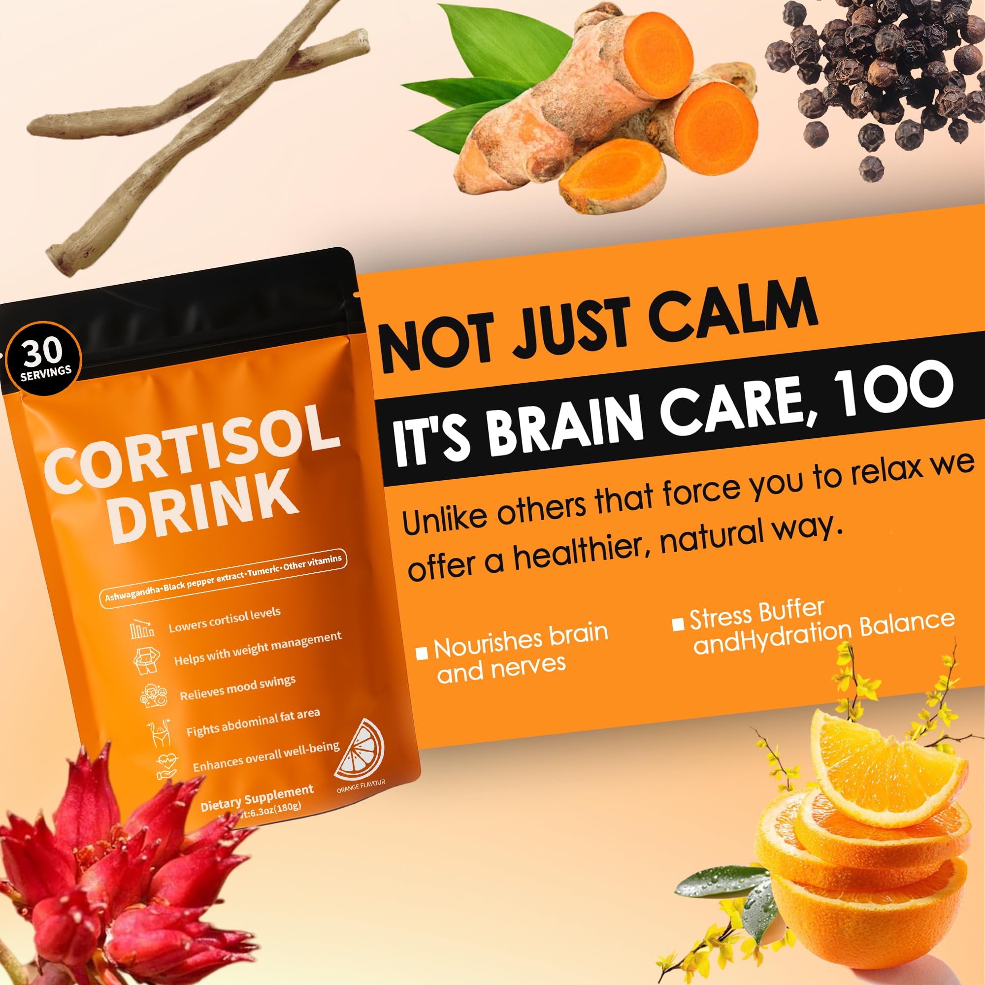 Cortisol Drink Powder - Natural Cortisol Supplements for Ashwagandha, L-Theanine, Turmeric Root, Black Pepper Extract, Relaxation, Focus, Mental Clarity - OzHealthStandard