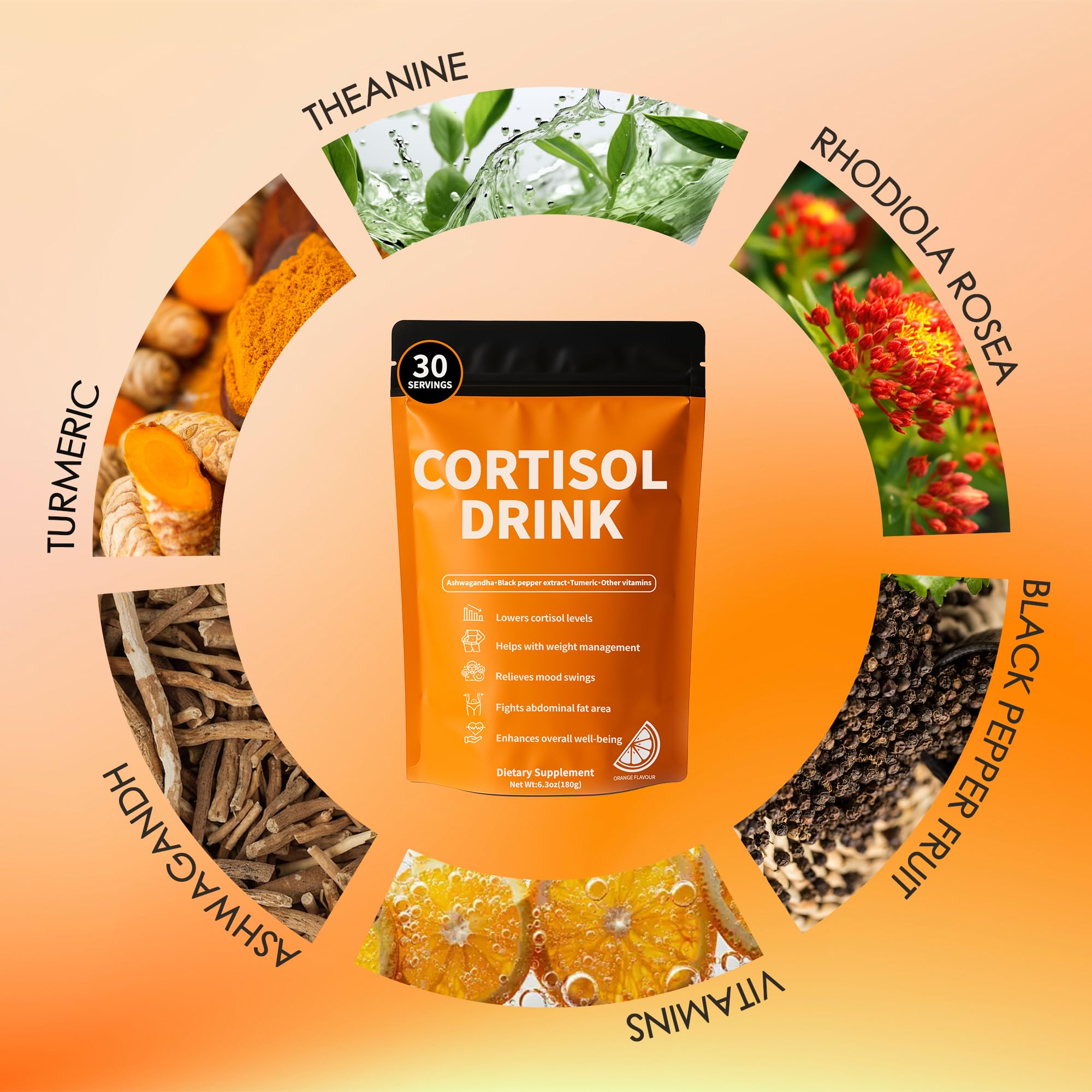 Cortisol Drink Powder - Natural Cortisol Supplements for Ashwagandha, L-Theanine, Turmeric Root, Black Pepper Extract, Relaxation, Focus, Mental Clarity - OzHealthStandard