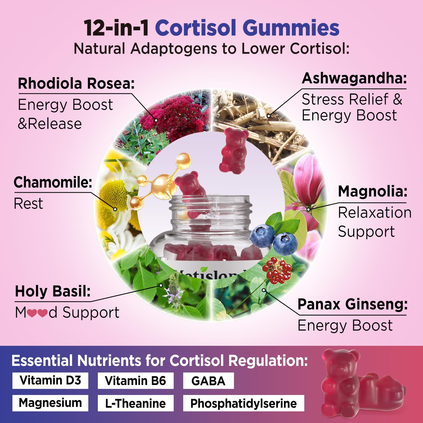 Cortisol Gummies, 12-in-1 Cortisol Reducer, with Magnesium Glycinate, Ashwagandha, L-Theanine, Phosphatidylserine, Vitamin B6 & D3, Rhodiola Rosea, for Men & Women, Sugar-Free, Vegan, NON-GMO, 60CT - OzHealthStandard