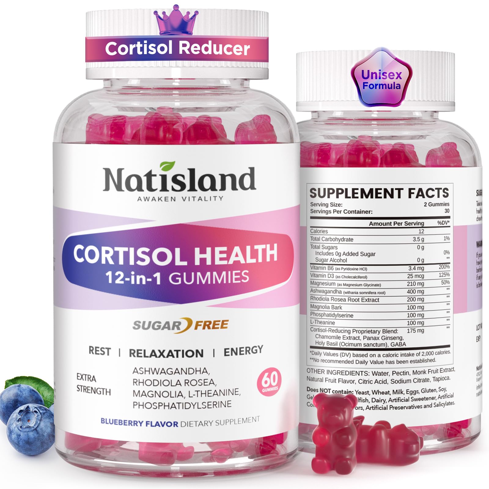 Cortisol Gummies, 12-in-1 Cortisol Reducer, with Magnesium Glycinate, Ashwagandha, L-Theanine, Phosphatidylserine, Vitamin B6 & D3, Rhodiola Rosea, for Men & Women, Sugar-Free, Vegan, NON-GMO, 60CT - OzHealthStandard