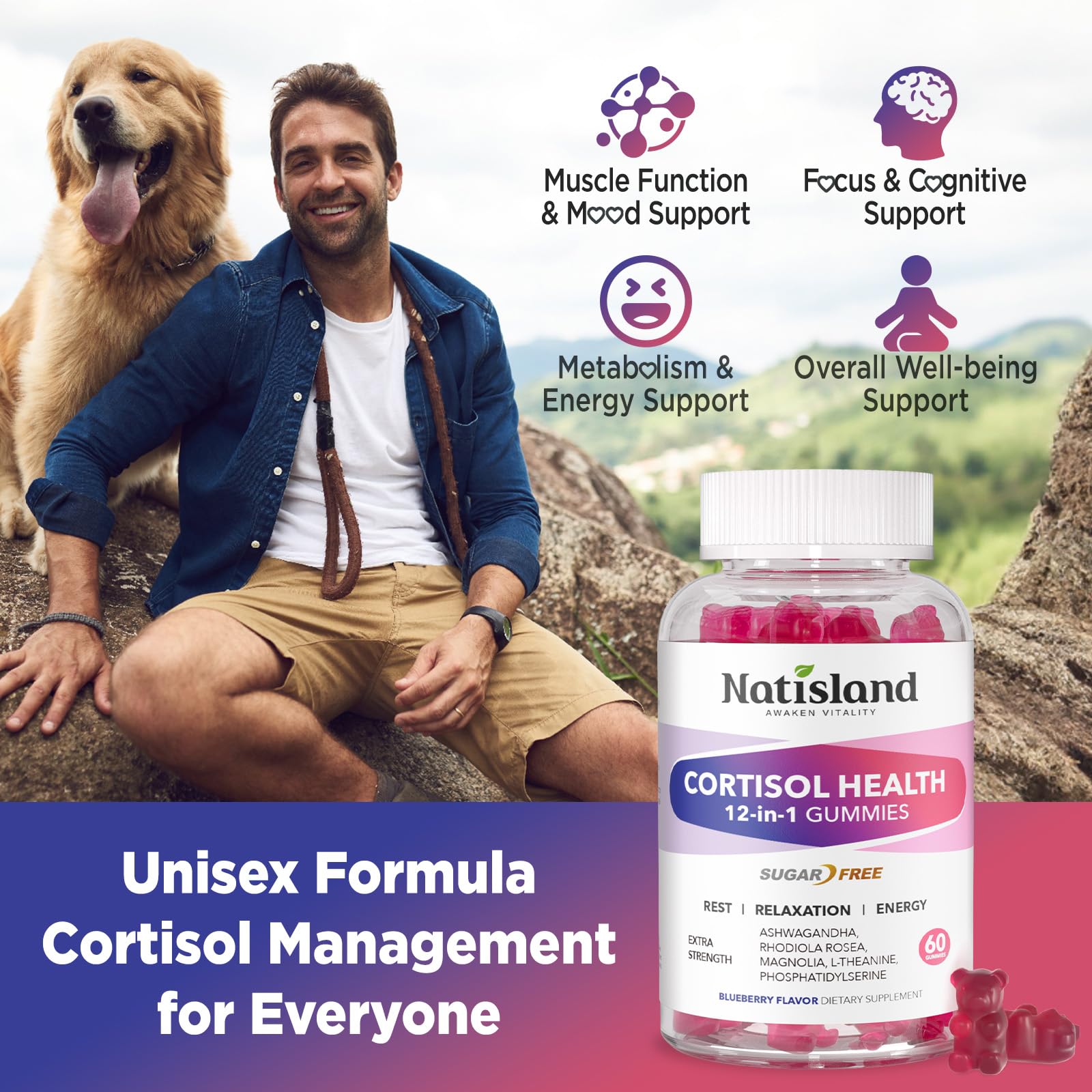 Cortisol Gummies, 12-in-1 Cortisol Reducer, with Magnesium Glycinate, Ashwagandha, L-Theanine, Phosphatidylserine, Vitamin B6 & D3, Rhodiola Rosea, for Men & Women, Sugar-Free, Vegan, NON-GMO, 60CT - OzHealthStandard