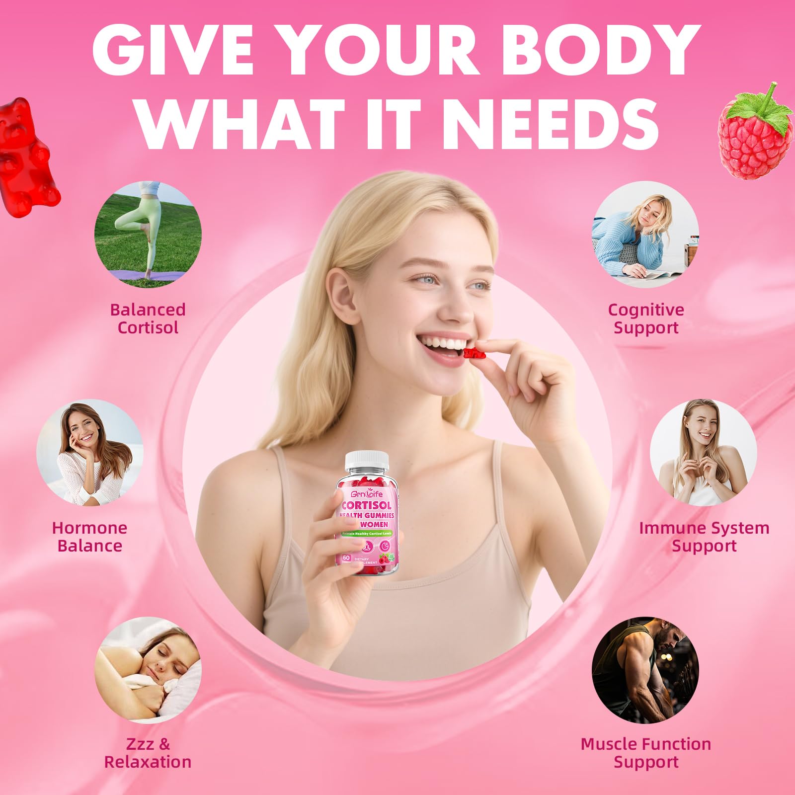 Cortisol Gummies for Women, Cortisol Supplements Gummies with Magnesium Ashwagandha Rhodiola Rosea and L-theanine Complex for Relaxation and Focus, Zzz Support, Raspberry Flavor, 60 Count - OzHealthStandard