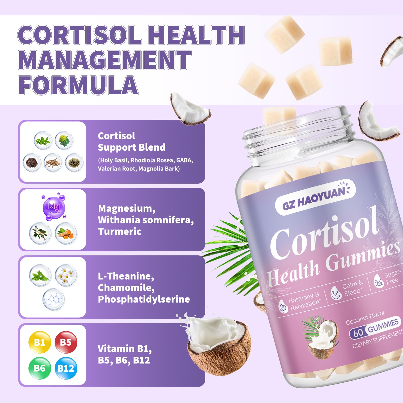 Cortisol Gummies for Women - Cortisol Supplements with Magnesium Glycinate, Ashwagandha, L-Theanine, Vitamin B Complex for Relaxation, Sleep, Calm Mood & Focus - Vegan, Sugar Free Coconut Flavor - OzHealthStandard