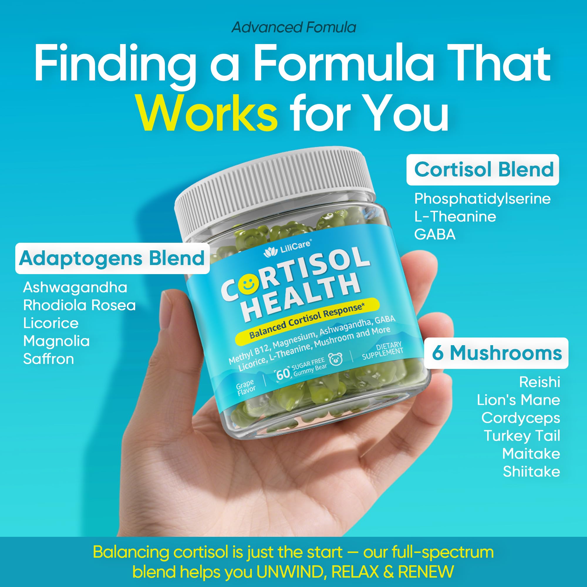 Cortisol Gummies for Women & Men, Sugar Free Cortisol Reducer Supplements w/ Magnesium, Ashwagandha, Mushroom, L-theanine, Rhodiola, Vitamin B6 B12 for Cortisol Detox, Relax, Sleep Support 2 Pack - OzHealthStandard
