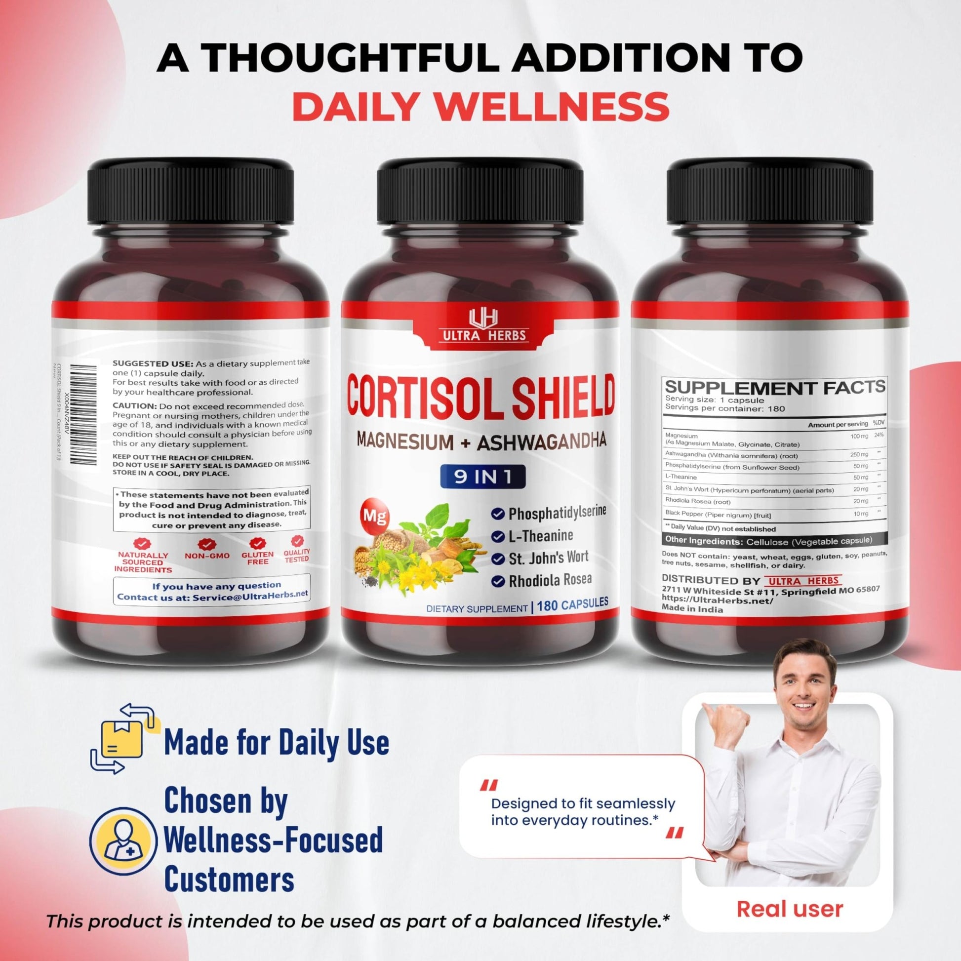 CORTISOL Shield 9-in-1 -Magnesium + Ashwagandha with Phosphatidylserine, L-Theanine, St. John's Wort, Rhodiola Rosea - Relaxation Support, Hormone Balance (180 Count (Pack of 1)) - OzHealthStandard