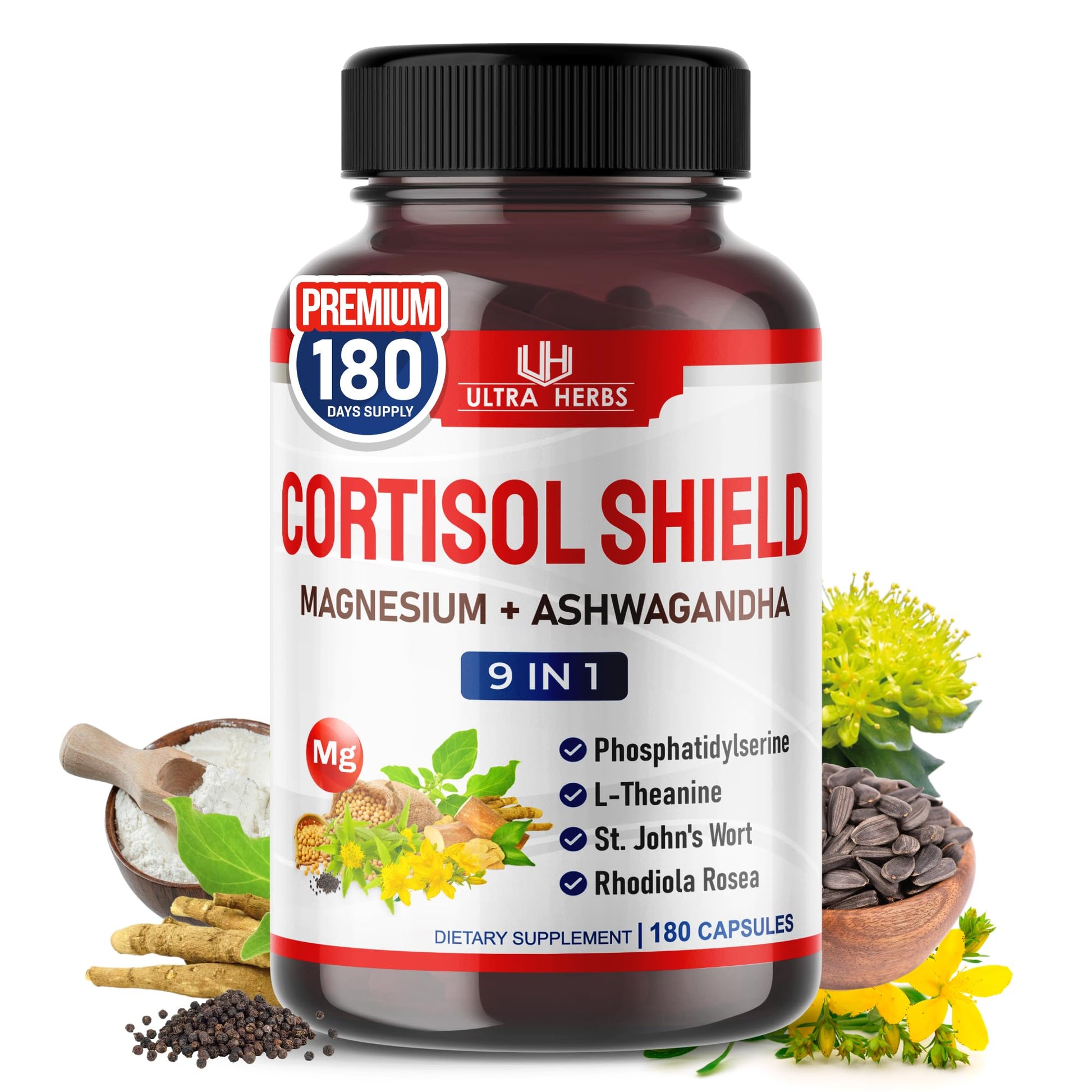 CORTISOL Shield 9-in-1 -Magnesium + Ashwagandha with Phosphatidylserine, L-Theanine, St. John's Wort, Rhodiola Rosea - Relaxation Support, Hormone Balance (180 Count (Pack of 1)) - OzHealthStandard