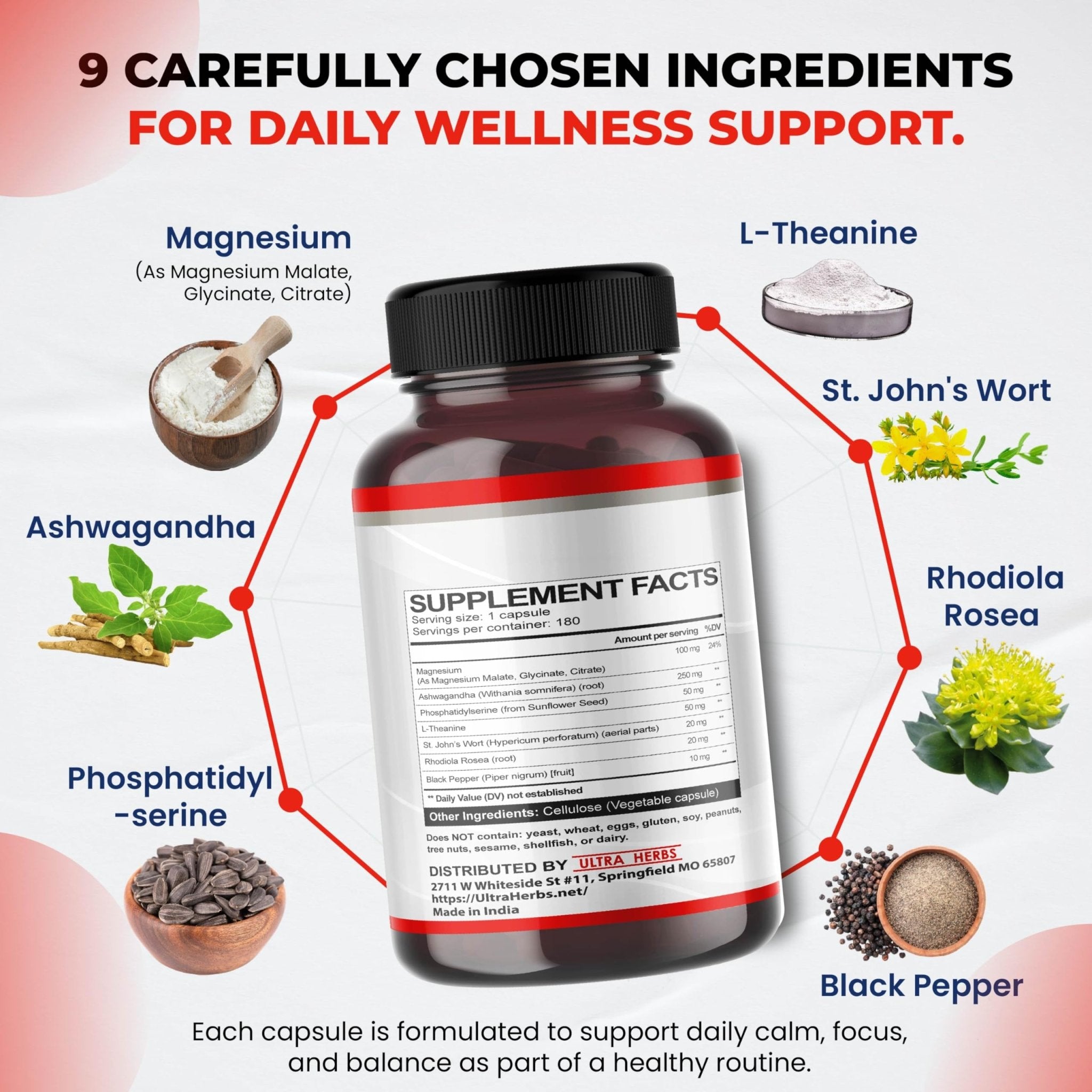CORTISOL Shield 9-in-1 -Magnesium + Ashwagandha with Phosphatidylserine, L-Theanine, St. John's Wort, Rhodiola Rosea - Relaxation Support, Hormone Balance (180 Count (Pack of 1)) - OzHealthStandard