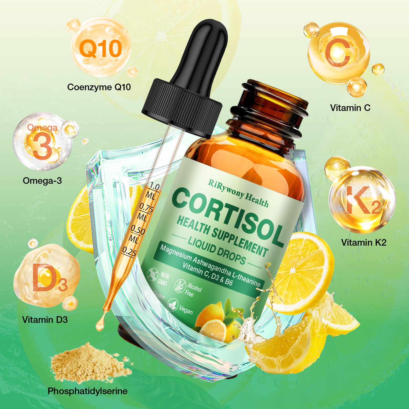 Cortisol Supplement for Women & Men - Cortisol Detox Reducer Magnesium Glycinate, Ashwagandha, L-Theanine, Phosphatidylserine - Hormone Balance for Calm Mood Focus Sleep (2 FL.OZ Lemon) - OzHealthStandard