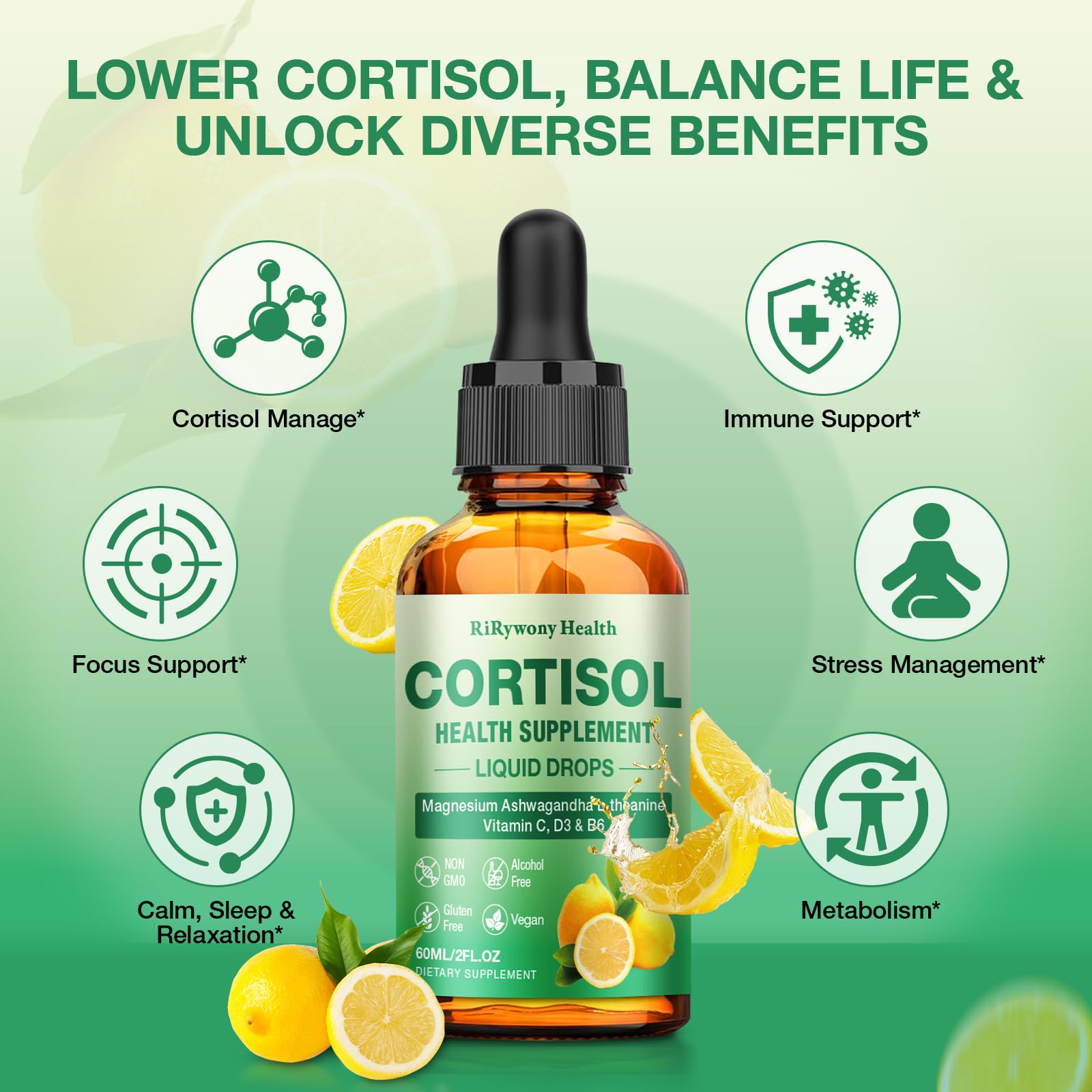 Cortisol Supplement for Women & Men - Cortisol Detox Reducer Magnesium Glycinate, Ashwagandha, L-Theanine, Phosphatidylserine - Hormone Balance for Calm Mood Focus Sleep (2 FL.OZ Lemon) - OzHealthStandard