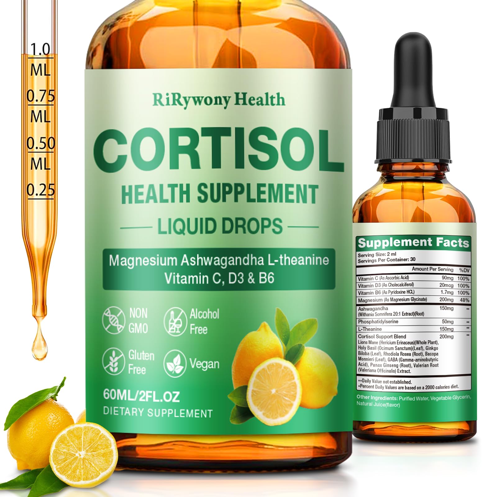 Cortisol Supplement for Women & Men - Cortisol Detox Reducer Magnesium Glycinate, Ashwagandha, L-Theanine, Phosphatidylserine - Hormone Balance for Calm Mood Focus Sleep (2 FL.OZ Lemon) - OzHealthStandard