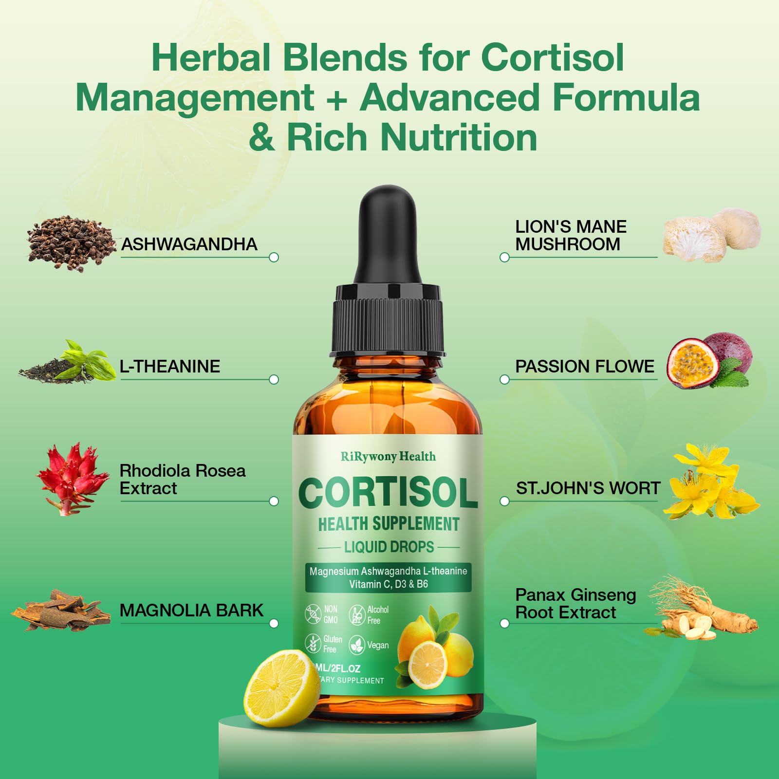 Cortisol Supplement for Women & Men - Cortisol Detox Reducer Magnesium Glycinate, Ashwagandha, L-Theanine, Phosphatidylserine - Hormone Balance for Calm Mood Focus Sleep (2 FL.OZ Lemon) - OzHealthStandard