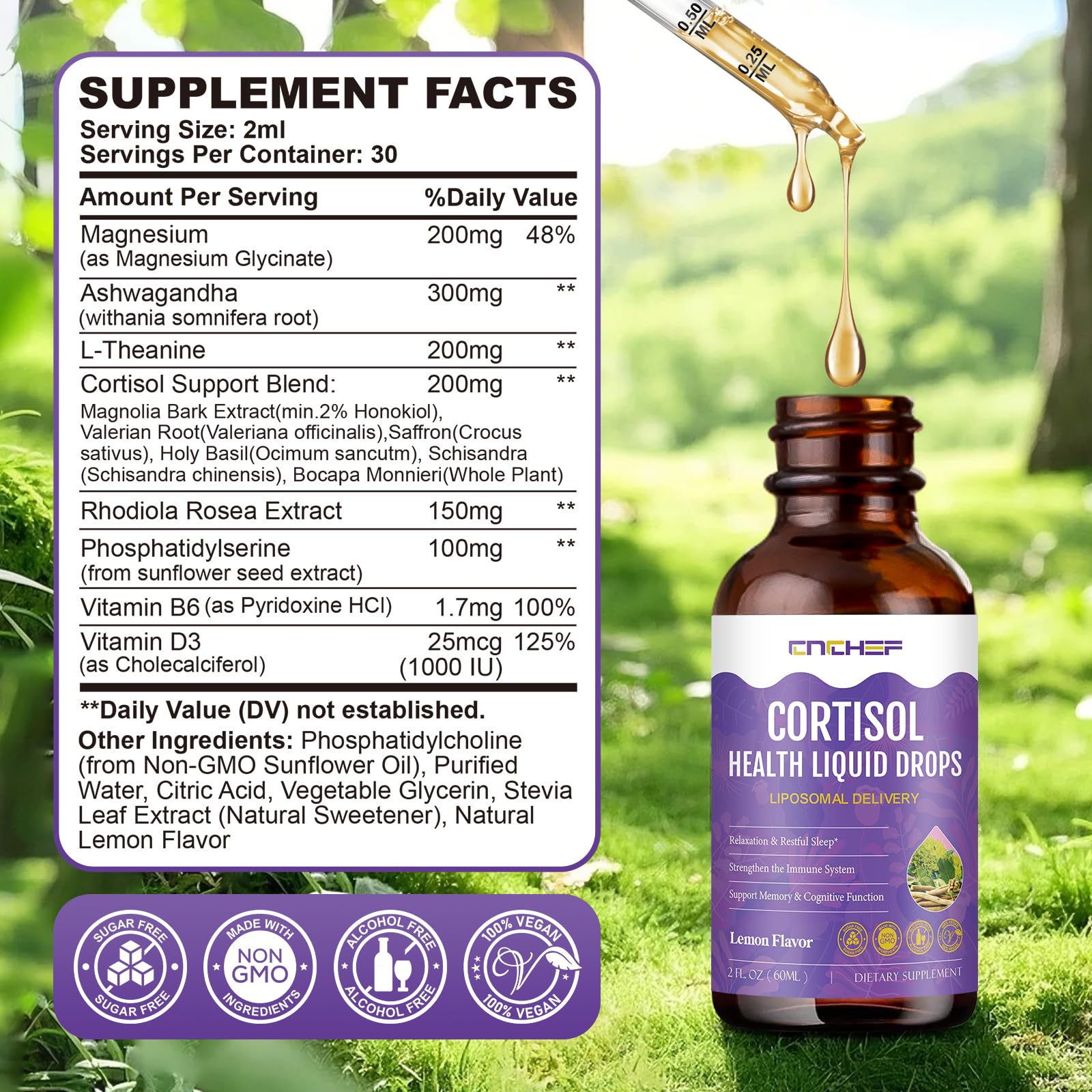 Cortisol Supplement Liquid Drops, Hormone Balance for Women Men Cortisol Detox with Magnesium Glycinate, L-Theanine, Rhodiola Rosea, Ashwagandha, Phosphatidylserine, Mood Focus, Sleep Support, 2 Fl Oz - OzHealthStandard