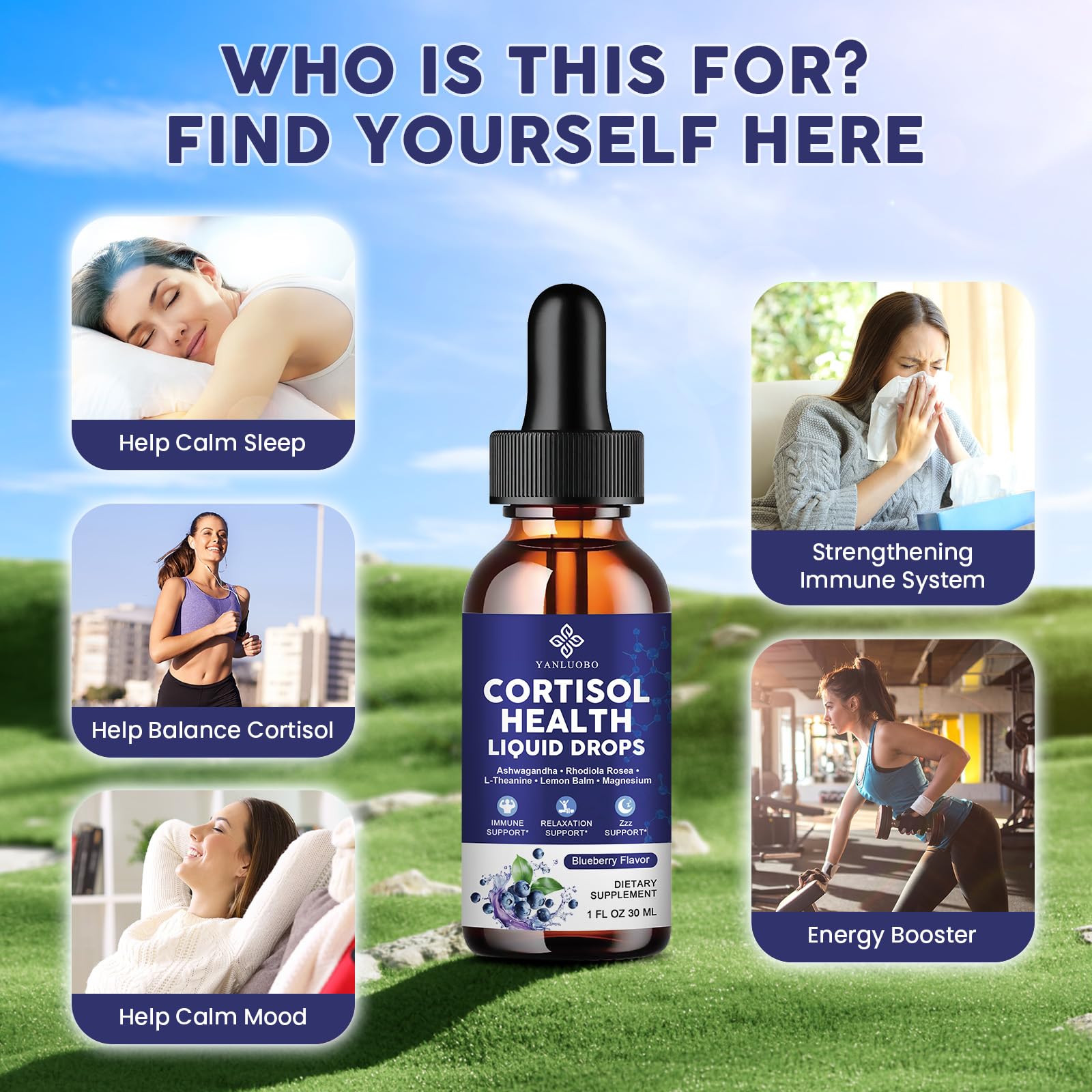 Cortisol Supplements for Women - Cortisol Manager Liquid Drops with Magnesium, Ashwagandha & Rhodiola rosea, L-theanine - Promotes Relaxation & Better Sleep, Mood, Blueberry Flavors, 1FL.OZ(2PC) - OzHealthStandard