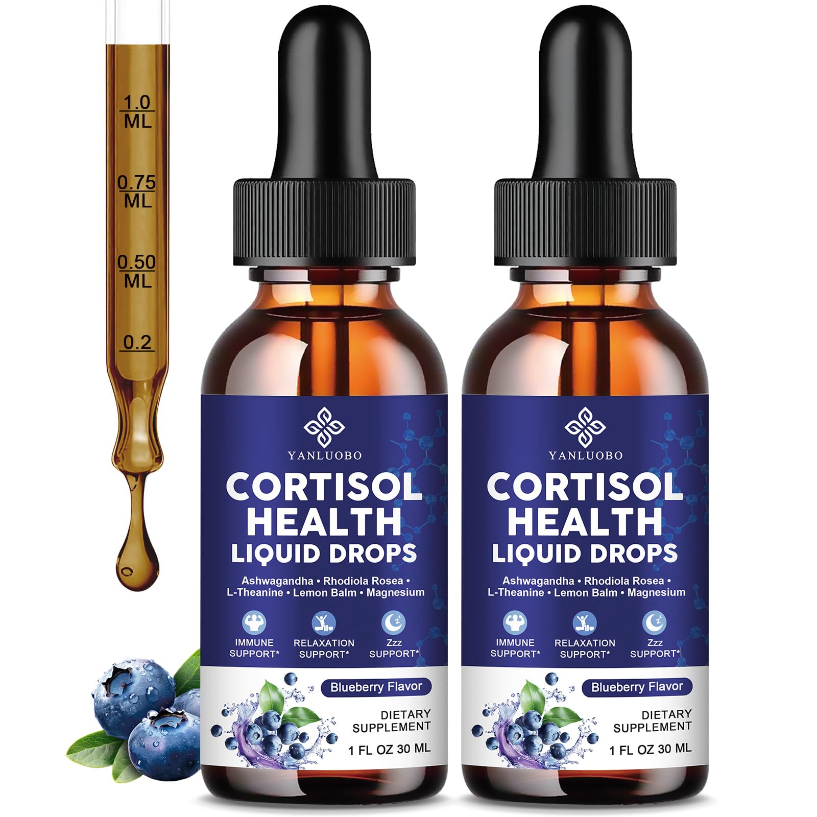 Cortisol Supplements for Women - Cortisol Manager Liquid Drops with Magnesium, Ashwagandha & Rhodiola rosea, L-theanine - Promotes Relaxation & Better Sleep, Mood, Blueberry Flavors, 1FL.OZ(2PC) - OzHealthStandard