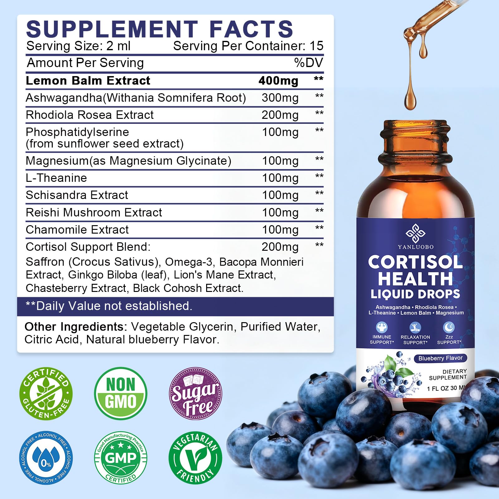 Cortisol Supplements for Women - Cortisol Manager Liquid Drops with Magnesium, Ashwagandha & Rhodiola rosea, L-theanine - Promotes Relaxation & Better Sleep, Mood, Blueberry Flavors, 1FL.OZ(2PC) - OzHealthStandard