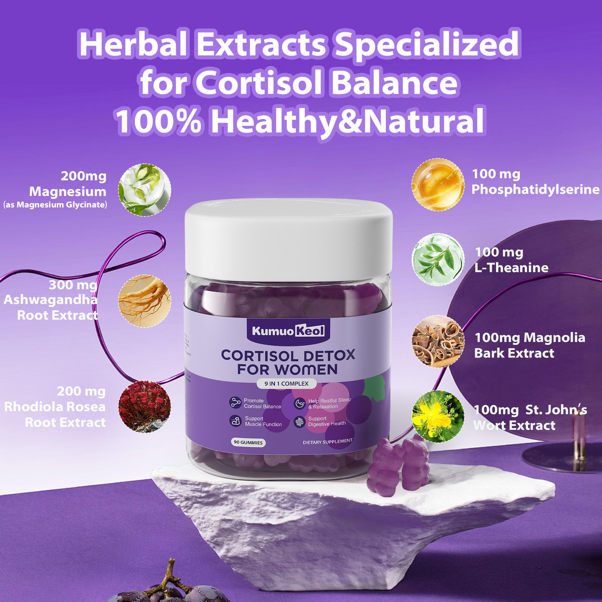 Cortisol Supplements for Women, Lower Cortisol for Women, Cortisol Gummies with Ashwagandha, Magnesium, L-Theanine, Phosphatidylserine, Vitamin, Relaxation, Focus, Sugar-Free, Vegan, 90 Count - OzHealthStandard