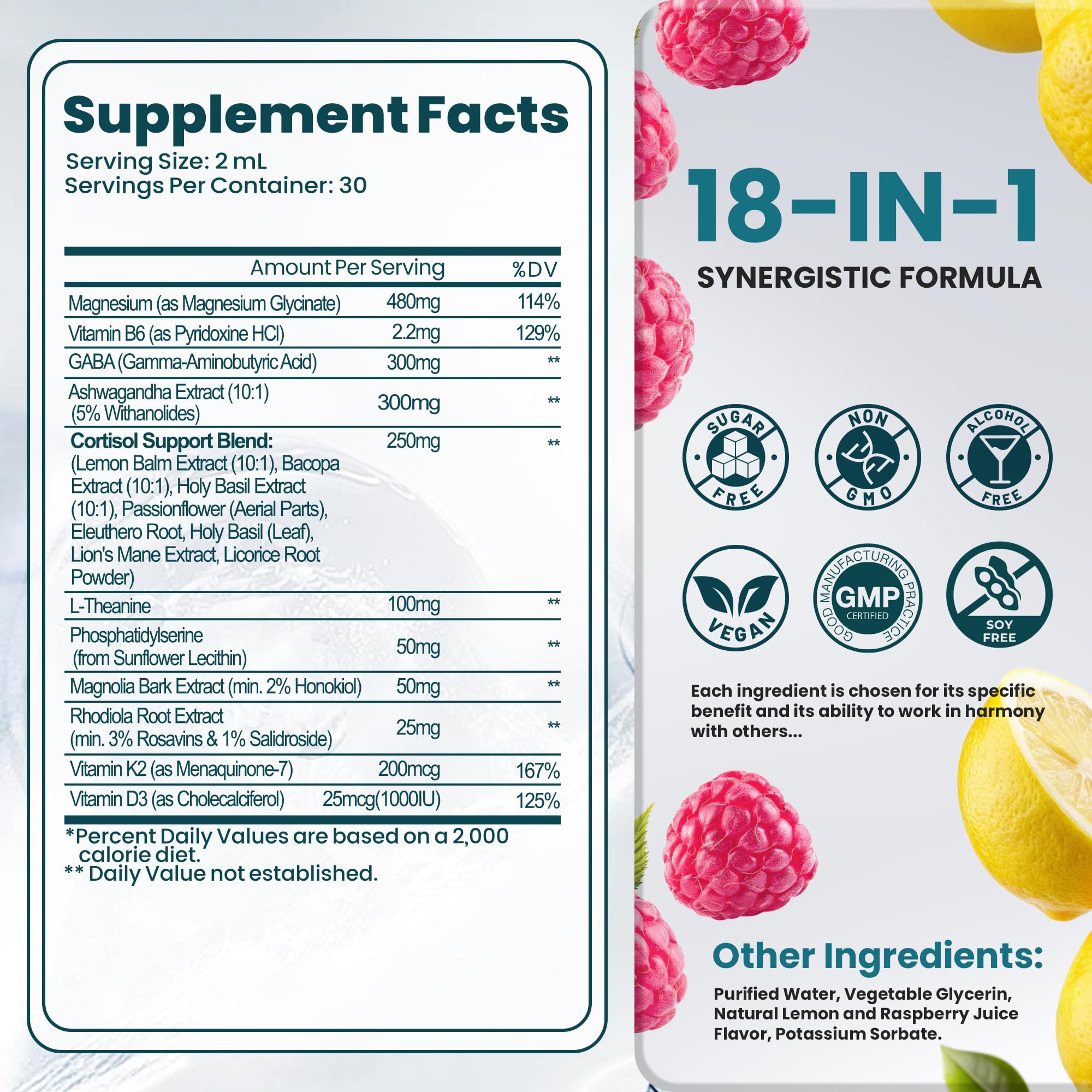 Cortisol Supplements for Women & Men, 18 in 1 Stress & Mood Support Drops with Magnesium 480mg, GABA, Ashwagandha, L-Theanine & Phosphatidylserine, for Relaxation & Sleep, Lemon Raspberry Flavor 60mL - OzHealthStandard
