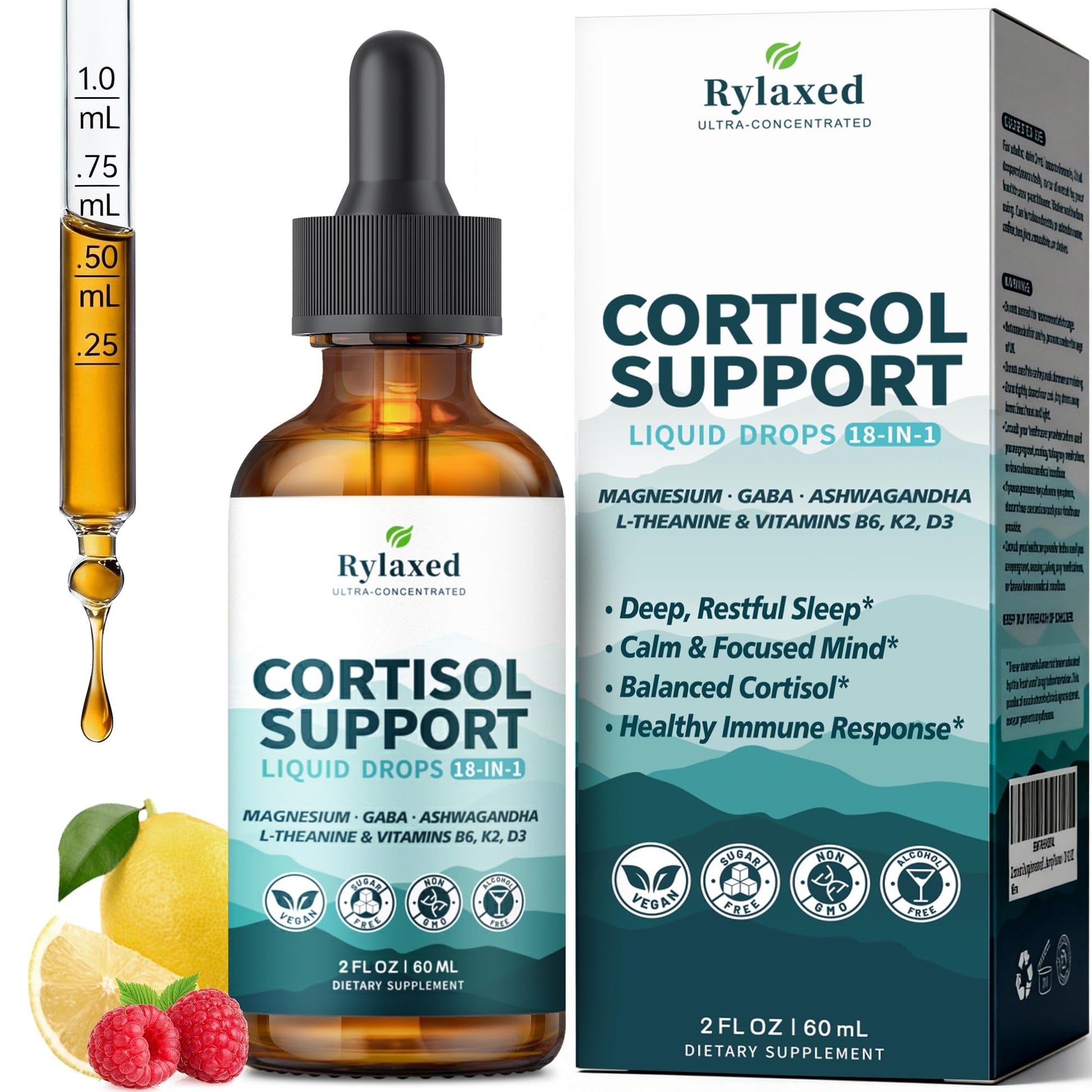 Cortisol Supplements for Women & Men, 18 in 1 Stress & Mood Support Drops with Magnesium 480mg, GABA, Ashwagandha, L-Theanine & Phosphatidylserine, for Relaxation & Sleep, Lemon Raspberry Flavor 60mL - OzHealthStandard