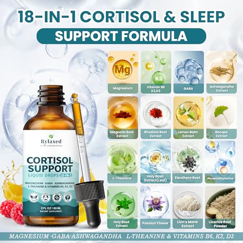 Cortisol Supplements for Women & Men, 18 in 1 Stress & Mood Support Drops with Magnesium 480mg, GABA, Ashwagandha, L-Theanine & Phosphatidylserine, for Relaxation & Sleep, Lemon Raspberry Flavor 60mL - OzHealthStandard
