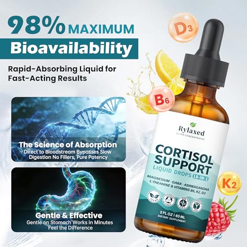 Cortisol Supplements for Women & Men, 18 in 1 Stress & Mood Support Drops with Magnesium 480mg, GABA, Ashwagandha, L-Theanine & Phosphatidylserine, for Relaxation & Sleep, Lemon Raspberry Flavor 60mL - OzHealthStandard